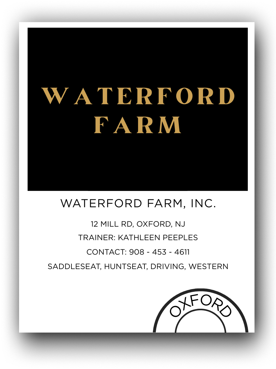 Business card for Waterford Farm, Inc., located at 12 Mill Rd., Oxford, NJ, with trainer Kathleen Peeples, contact 908-453-4611, offering riding services in saddle seat, hunt seat, and driving Western, featuring a circular logo with the word Oxford.