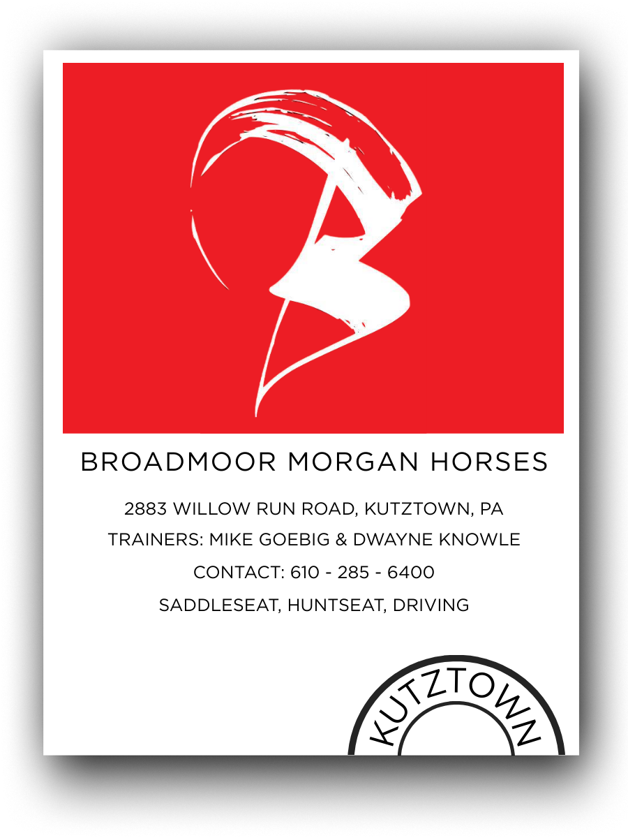 A flyer for Broadmoor Morgan Horses with a red and white logo at the top depicting a stylized horse head. It provides contact information and details about the farm located in Kutztown, PA, with trainers and services listed.