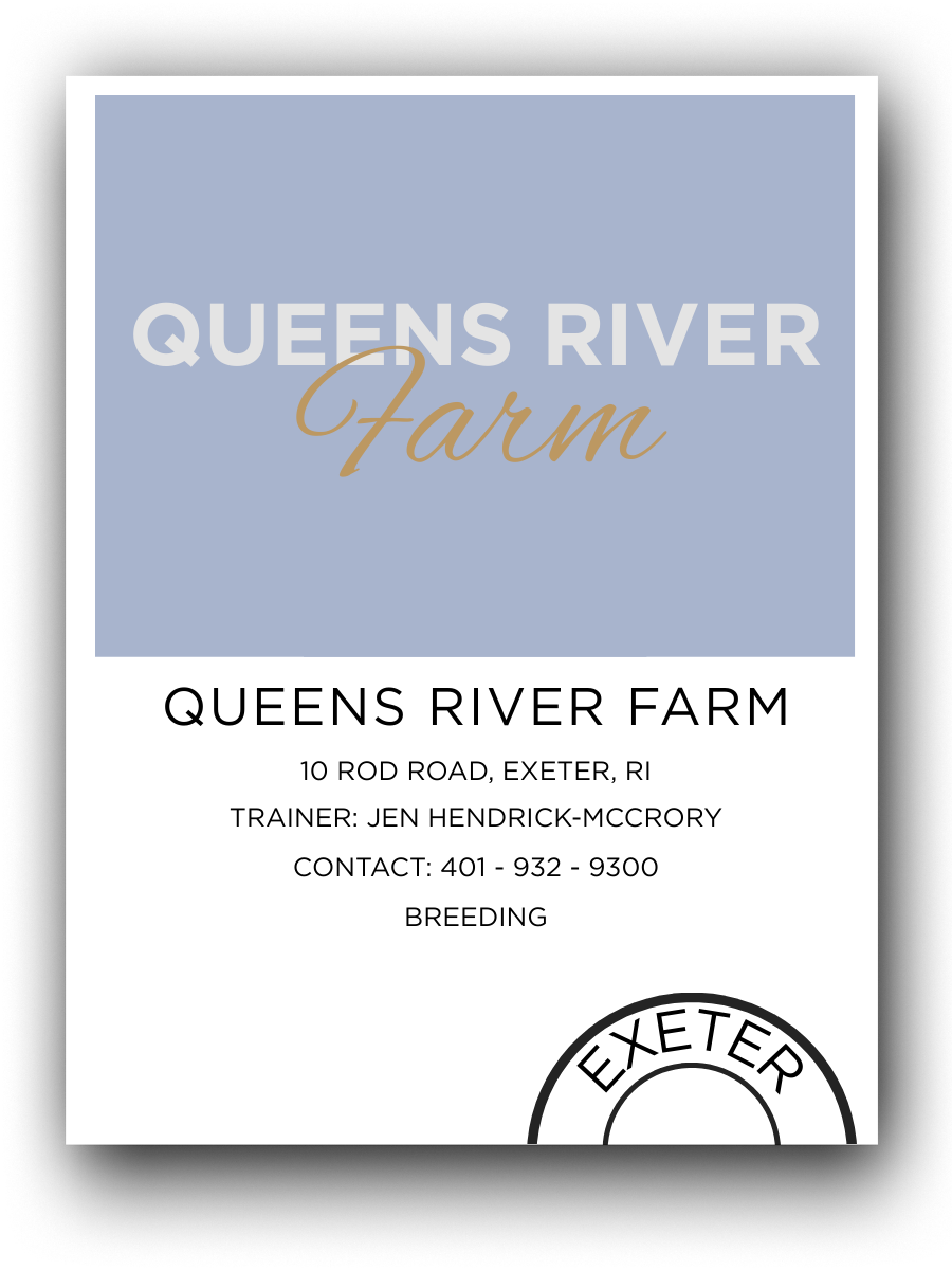 Flyer for Queens River Farm with contact information, address, trainer name, and breeding detail, featuring a blue and white color scheme.
