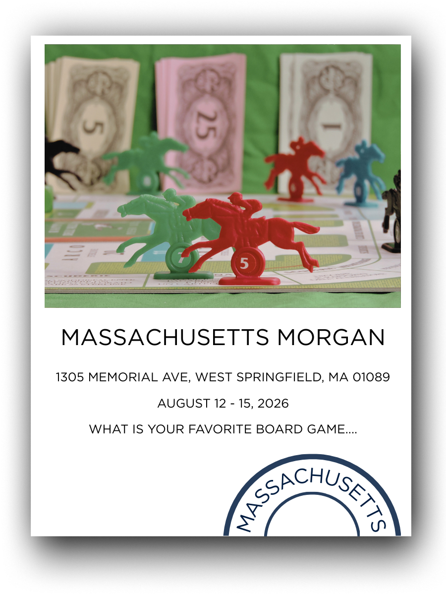 Board game with miniature horse figures in red, green, blue, and black, set up on a game board with stacks of money in the background, and text providing event details on an invitation.