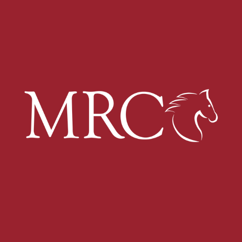 Logo with the letters 'MRC' and a stylized horse head outline on a red background.