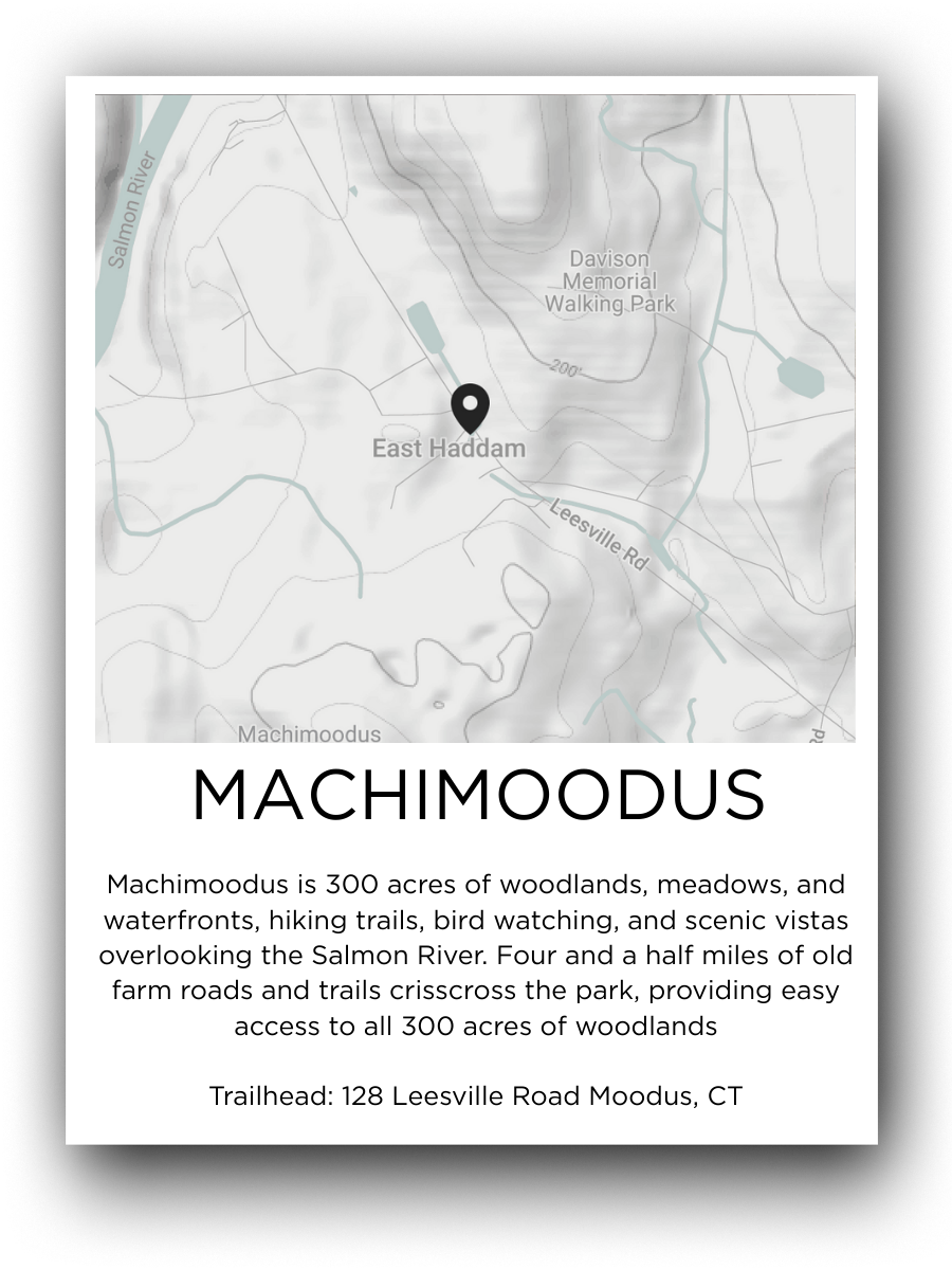 Map of Machimodus Park showing trails, the Salmon River, and East Haddam location.