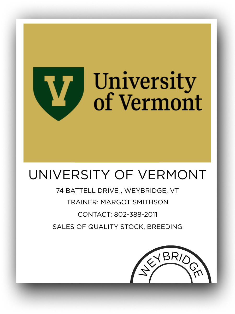 Business card for University of Vermont with university logo, address, trainer's name, contact info, and department details.