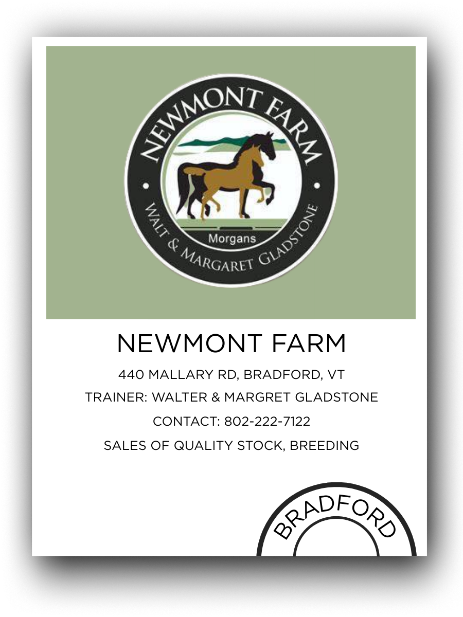Business card for Newmont Farm featuring a logo with a horse and a landscape background.