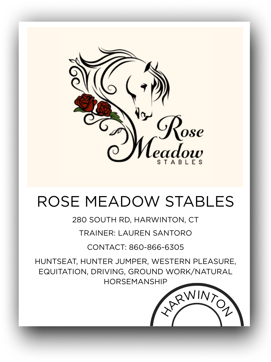 Business card for Rose Meadow Stables featuring a stylized horse head illustration with red roses, and contact information including address, trainer, and riding disciplines.