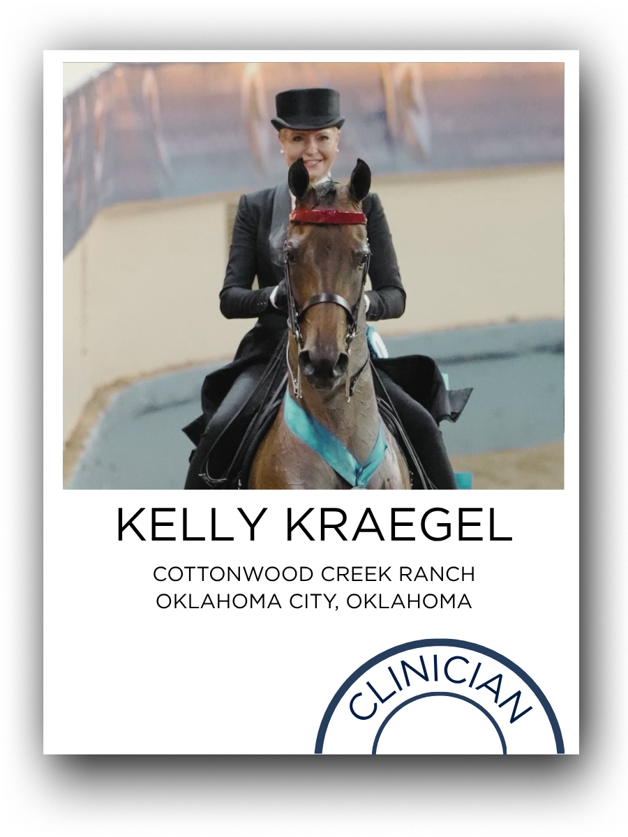 A woman riding a horse, dressed in a black blazer and top hat, with a background of an indoor equestrian arena. The image appears on a professional identification card with her name Kelly Kraegel from Oklahoma City, Oklahoma.