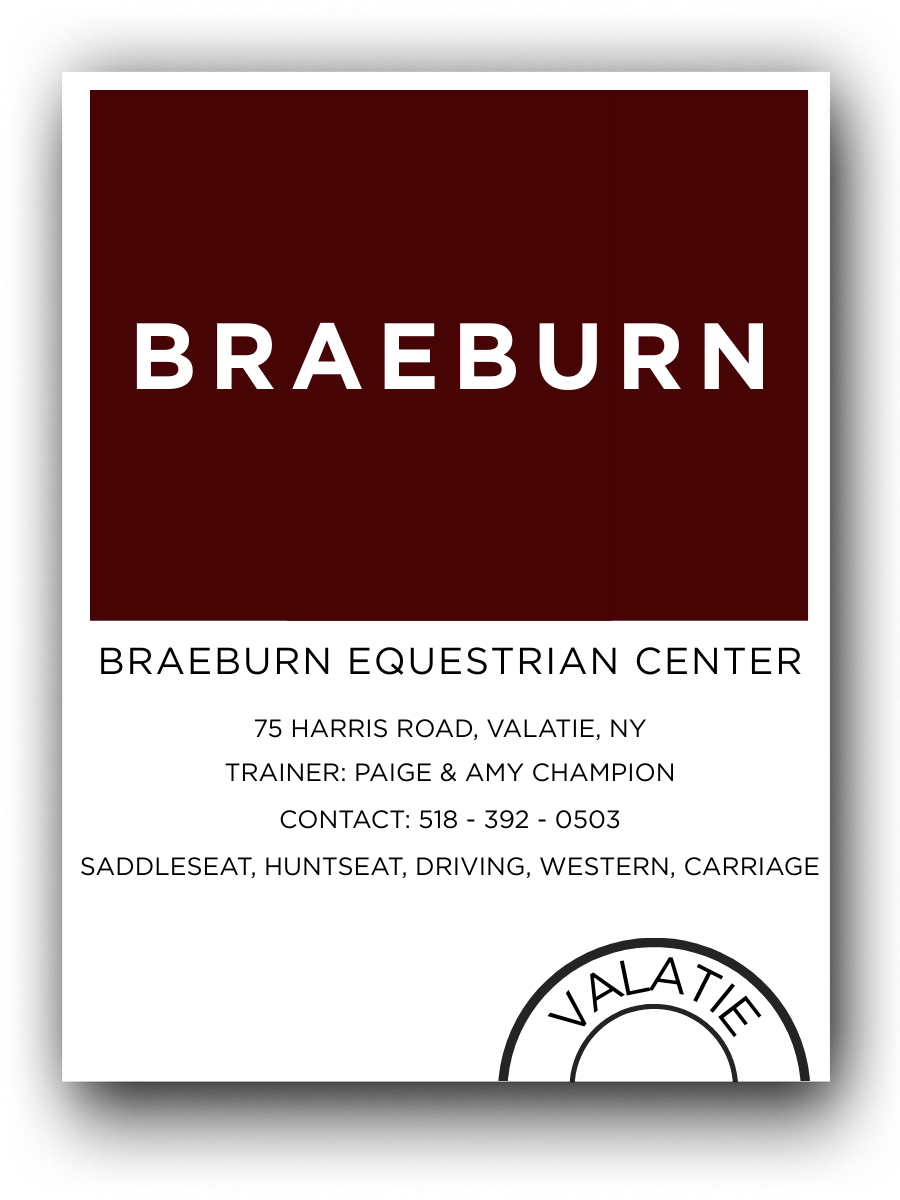 Flyer for Braeburn Equestrian Center in Valatie, NY, with contact information and details about riding styles and trainers.