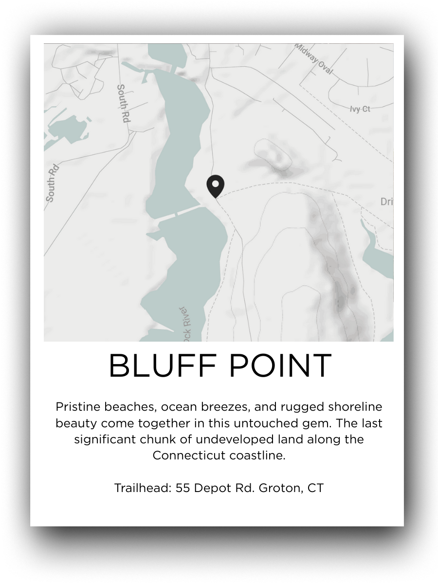 Map showing Bluff Point area with a trailhead at 55 Depot Rd., Groton, CT, featuring beaches, shoreline, and natural landscape.