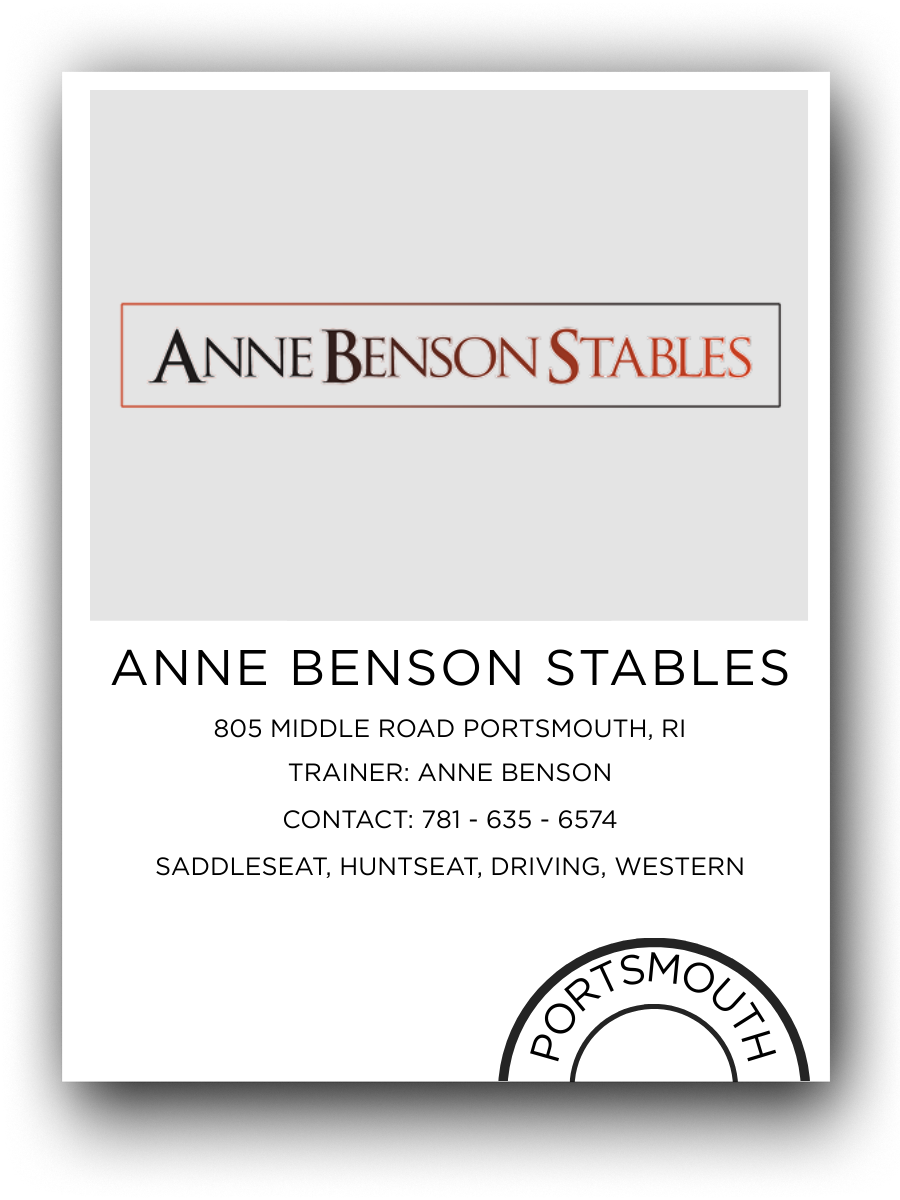 Business card for Anne Benson Stables with address in Portsmouth, RI, contact info, and mention of trainer Anne Benson, featuring a logo with the text Portsmouth.