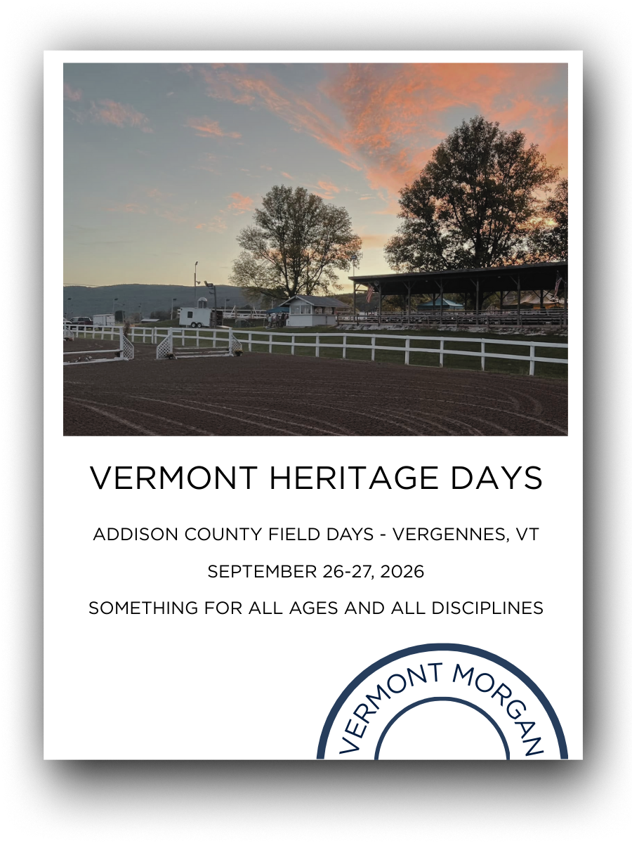 A poster for Vermont Heritage Days with an image of a sunset at an outdoor event space, featuring trees, a covered stage, fencing, and a dirt track.