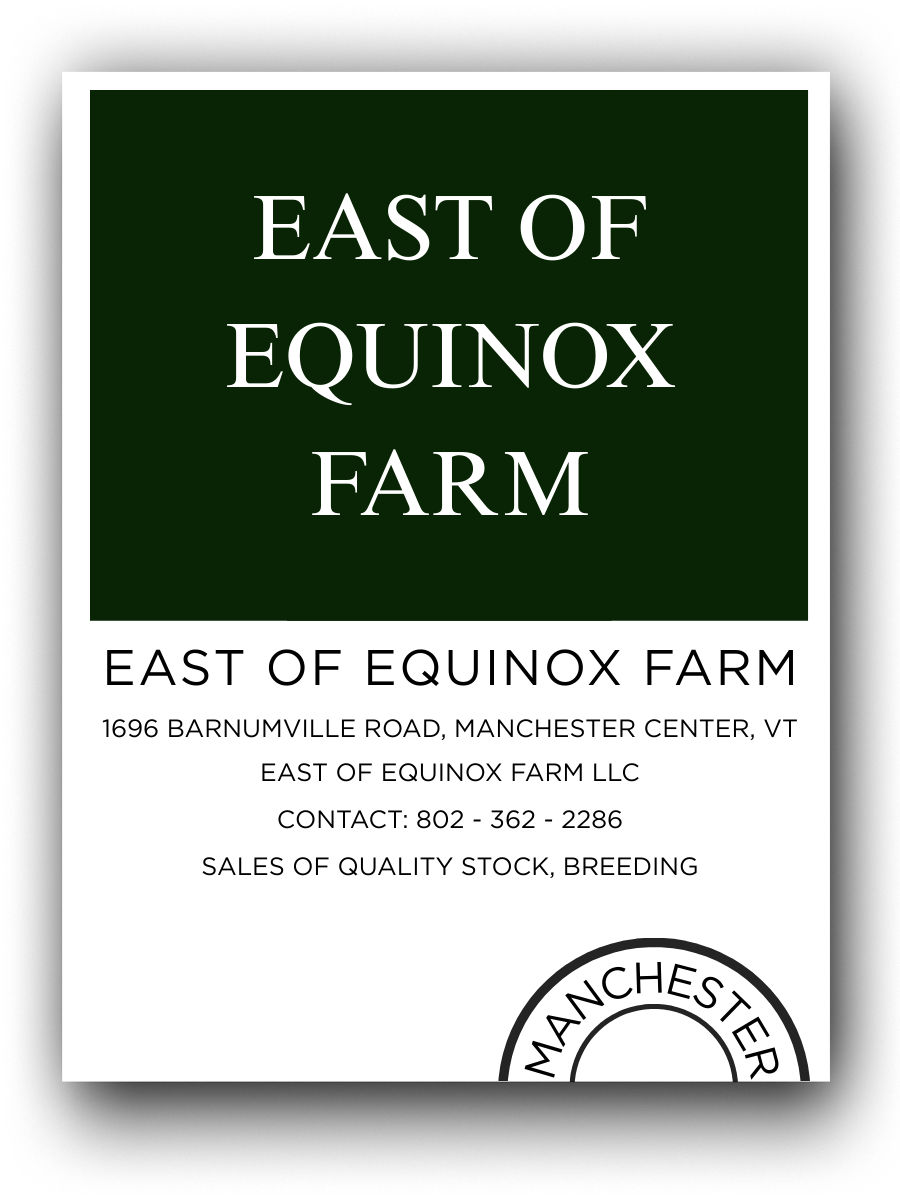 Sign for East of Equinox Farm with contact information and location details in Manchester Center, Vermont.