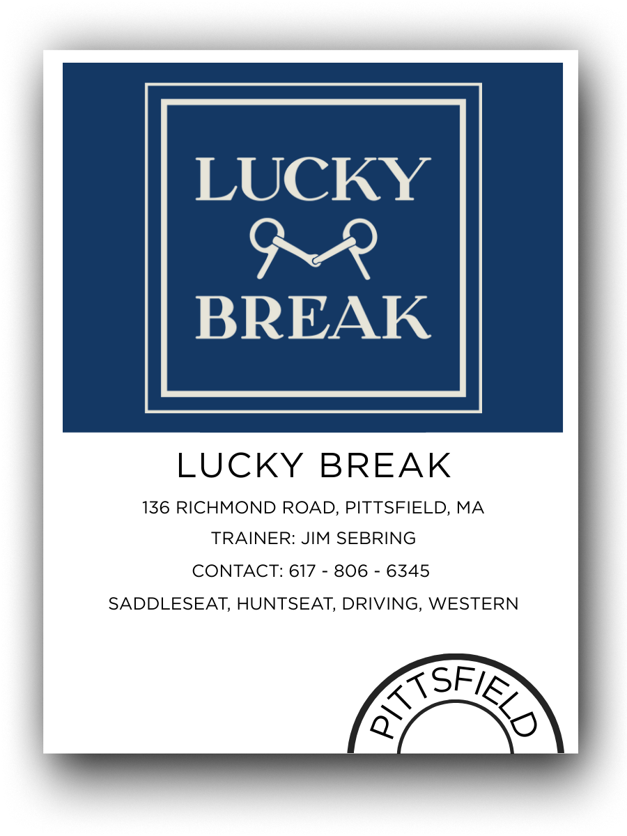 Business card for Lucky Break, a training service in Pittsfield, MA, featuring a navy blue and white design with a logo of two linked horseshoes.