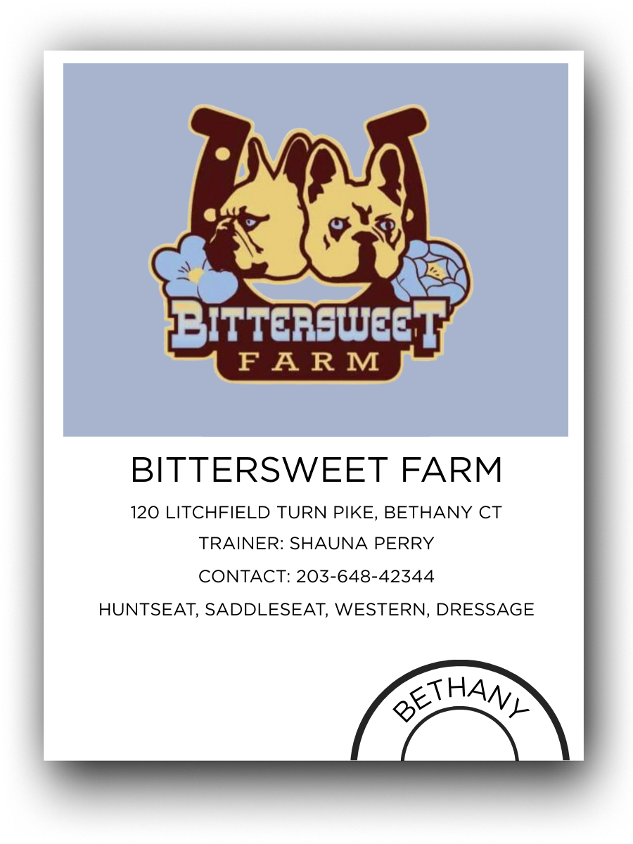 Logo for Bittersweet Farm featuring two bulldogs with flowers, text with farm details, and a stamp with Bethany.