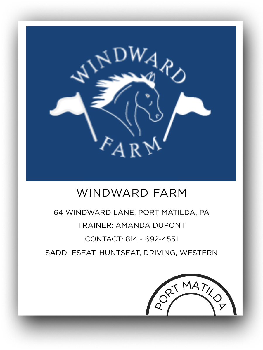 Business card for Windward Farm featuring a blue logo with a horse head and flags, and contact information for the farm located at 64 Windward Lane, Port Matilda, PA.