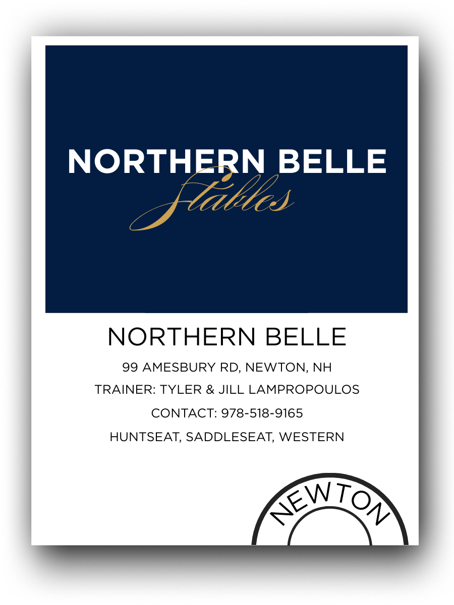 Business card for Northern Belle Stables with address, trainer names, contact info, and a partial circular logo at the bottom.