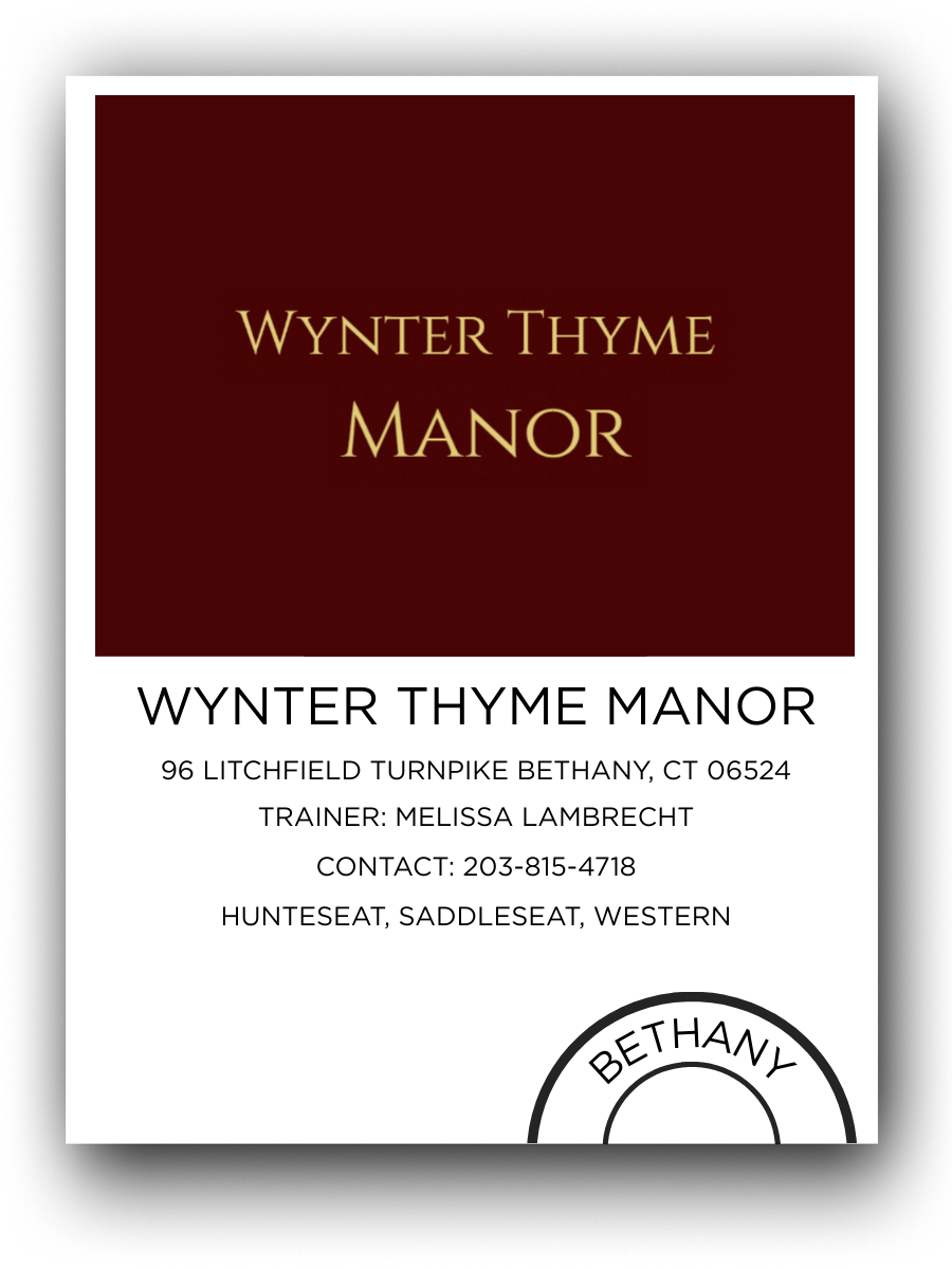 Business card for Wynter Thyme Manor with contact details and a circular stamp with 'Bethany' at the top.