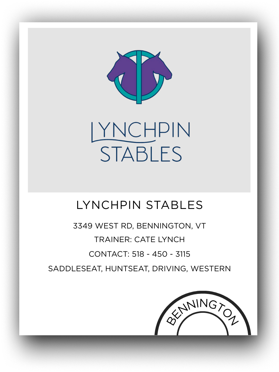 Business card for Lynchpin Stables with a logo of two horses heads and contact information.