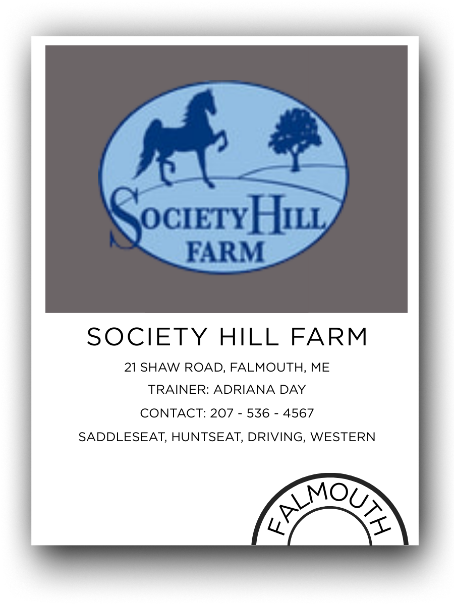 Business card for Society Hill Farm in Falmouth, Maine, with a logo featuring a horse and a tree.