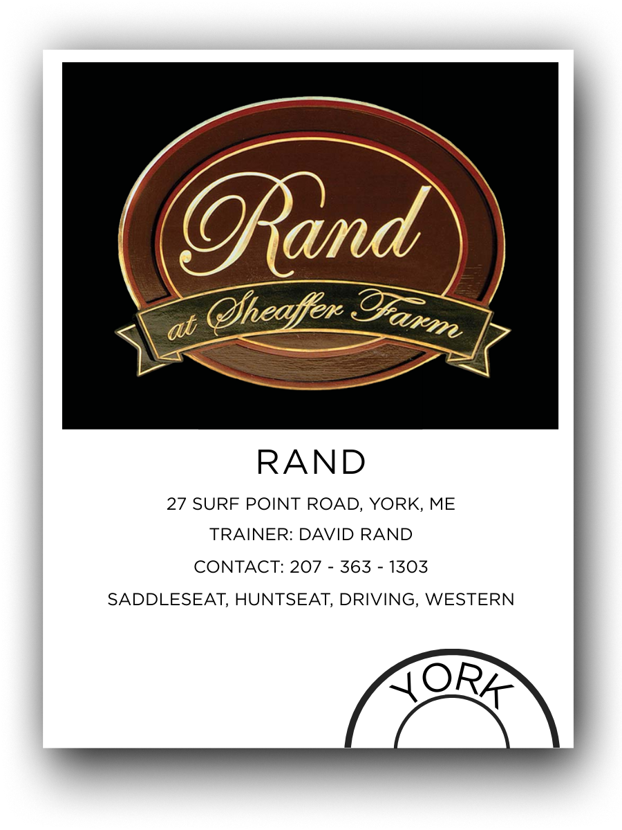Business card for Rand at Sheaffer Farm with contact information and location in York, Maine, featuring a logo with the name Rand and Sheaffer Farm.