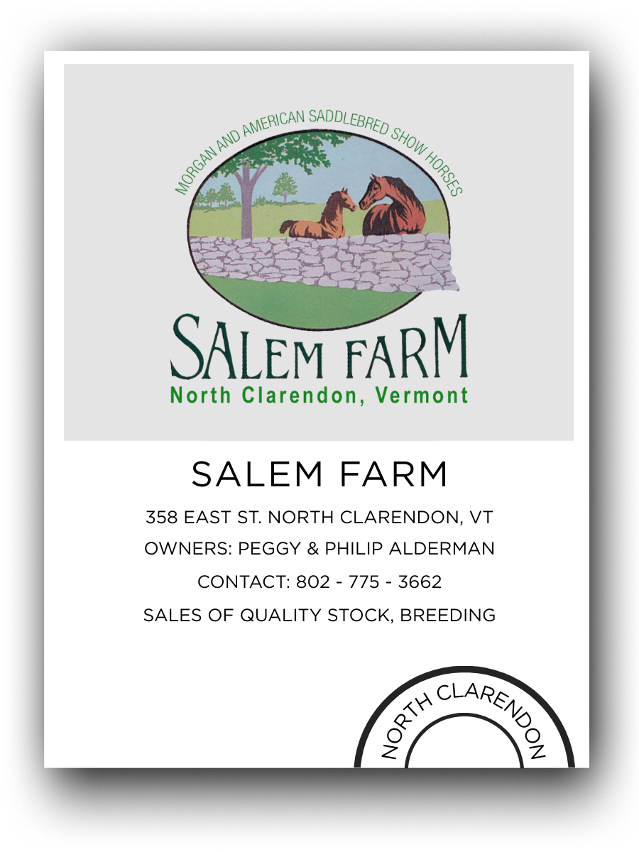 Business card for Salem Farm in North Clarendon, Vermont, with a logo featuring two horses, a tree, and a stone wall, and contact details for Peggy and Philip Alderman.