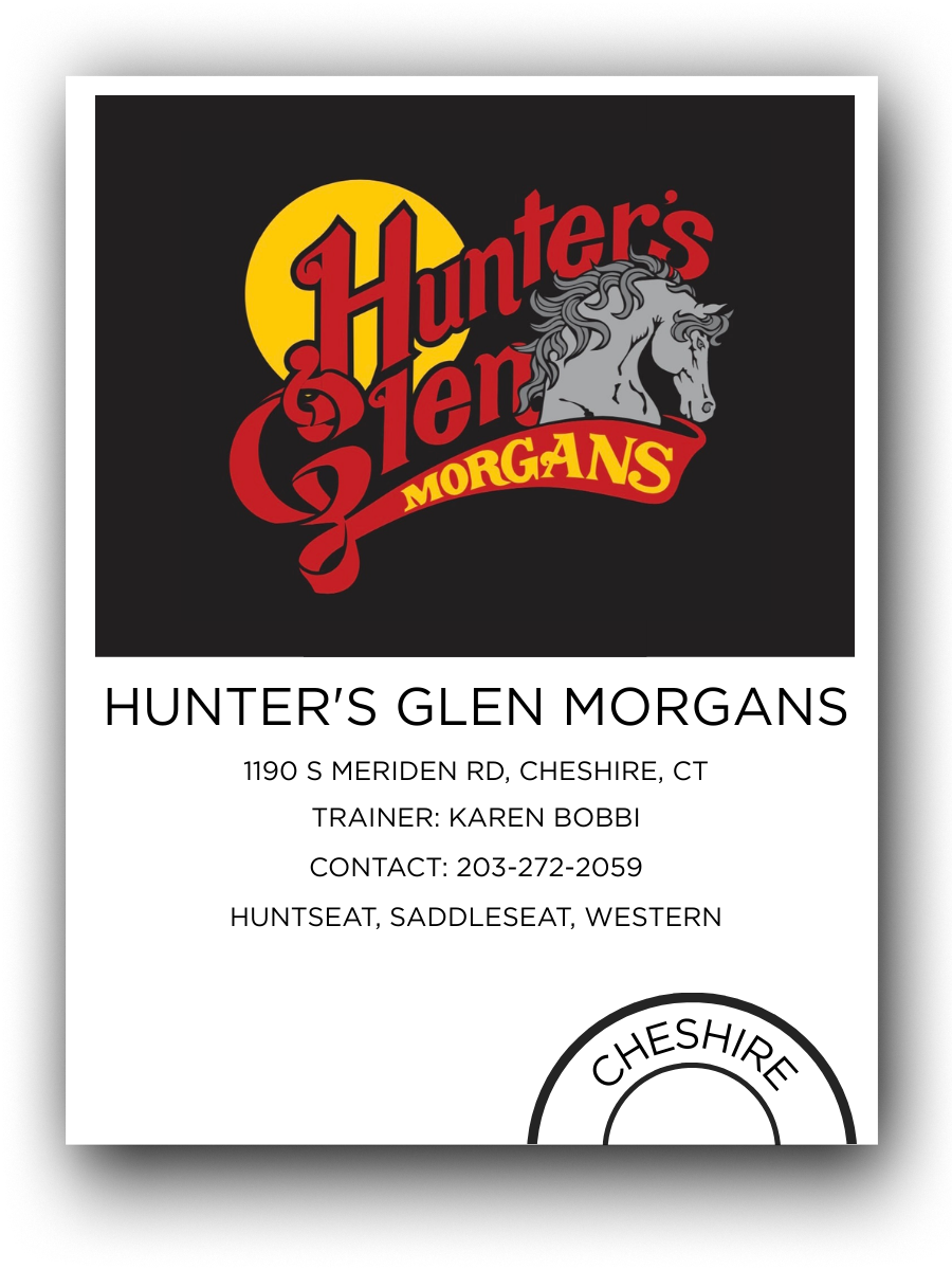 Business card for Hunter's Glen Morgans with a logo featuring a horse and a yellow sun, black background, and contact information in text.