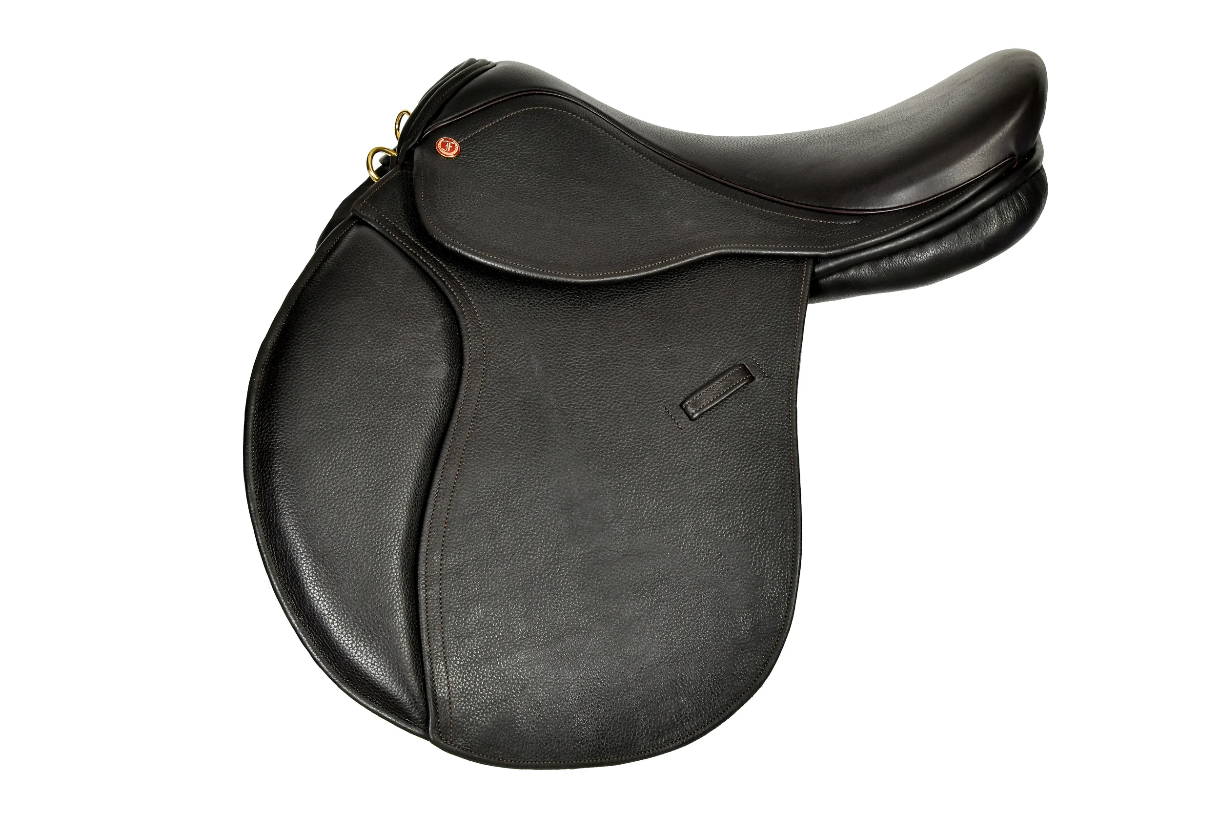 Black equestrian saddle with a padded seat and stirrup leathers on a white background.