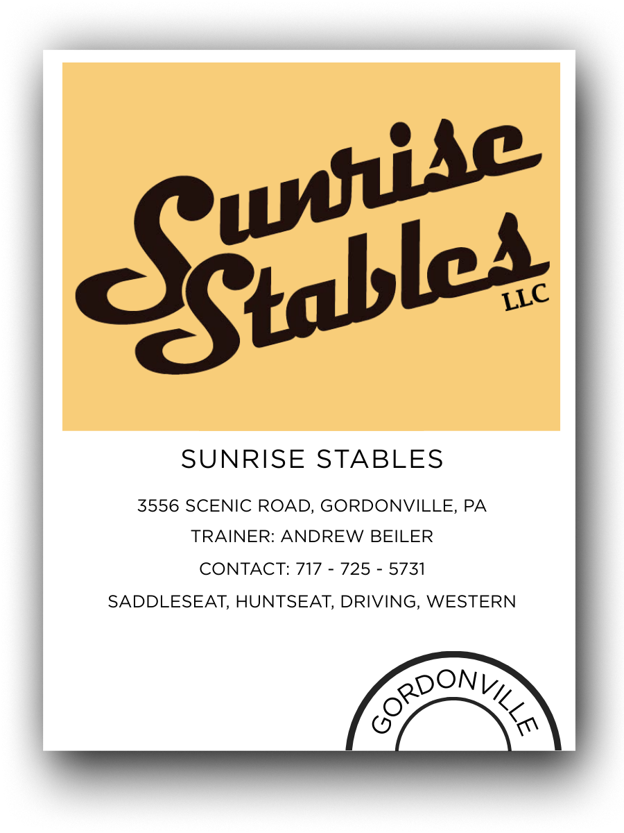 Business card for Sunrise Stables with contact information, trainer name, and location in Gordonville, Pennsylvania.