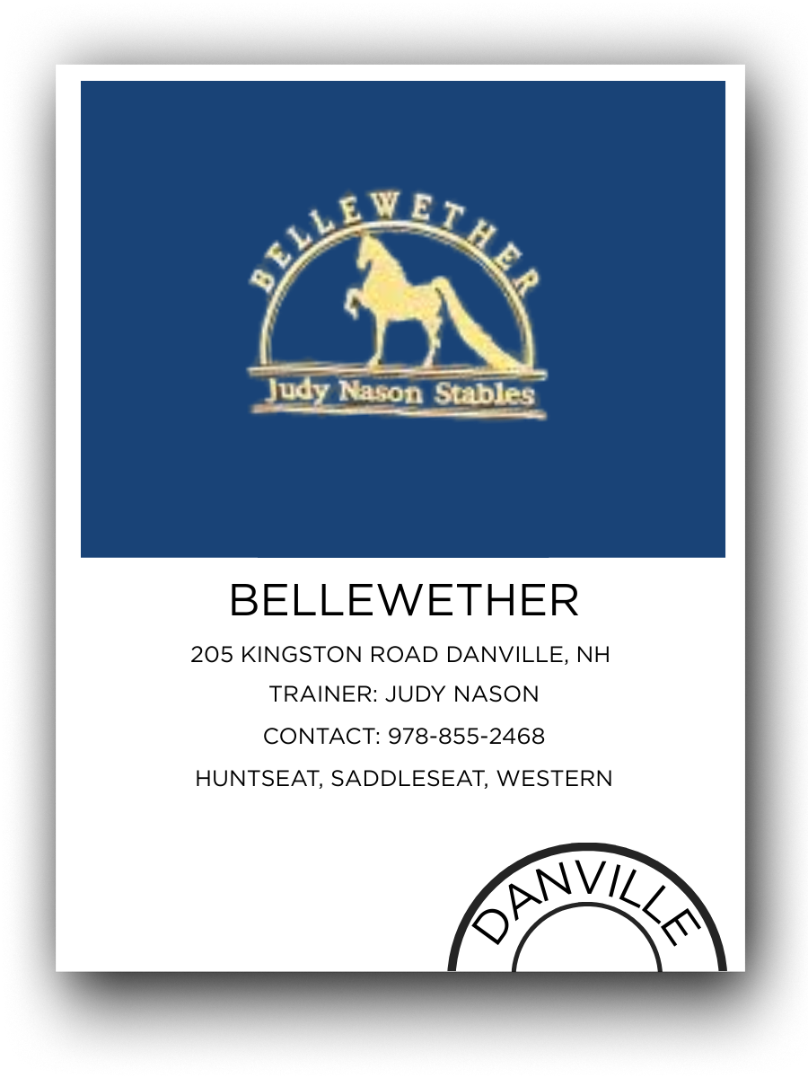 Business card for Bellewether, a horse training business in Danville, New Hampshire, with a logo of a yellow horse, and details including address, trainer name, phone number, and location.