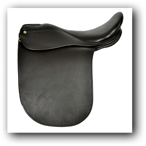Black English riding saddle with a padded seat and saddle pad underneath.