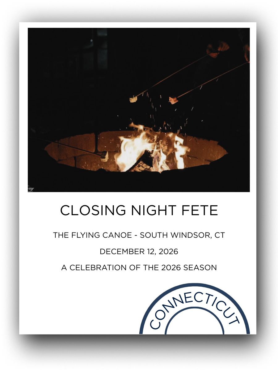 Flyer for a closing night celebration at The Flying Canoe in South Windsor, Connecticut, on December 12, 2026, with a photo of a bonfire.