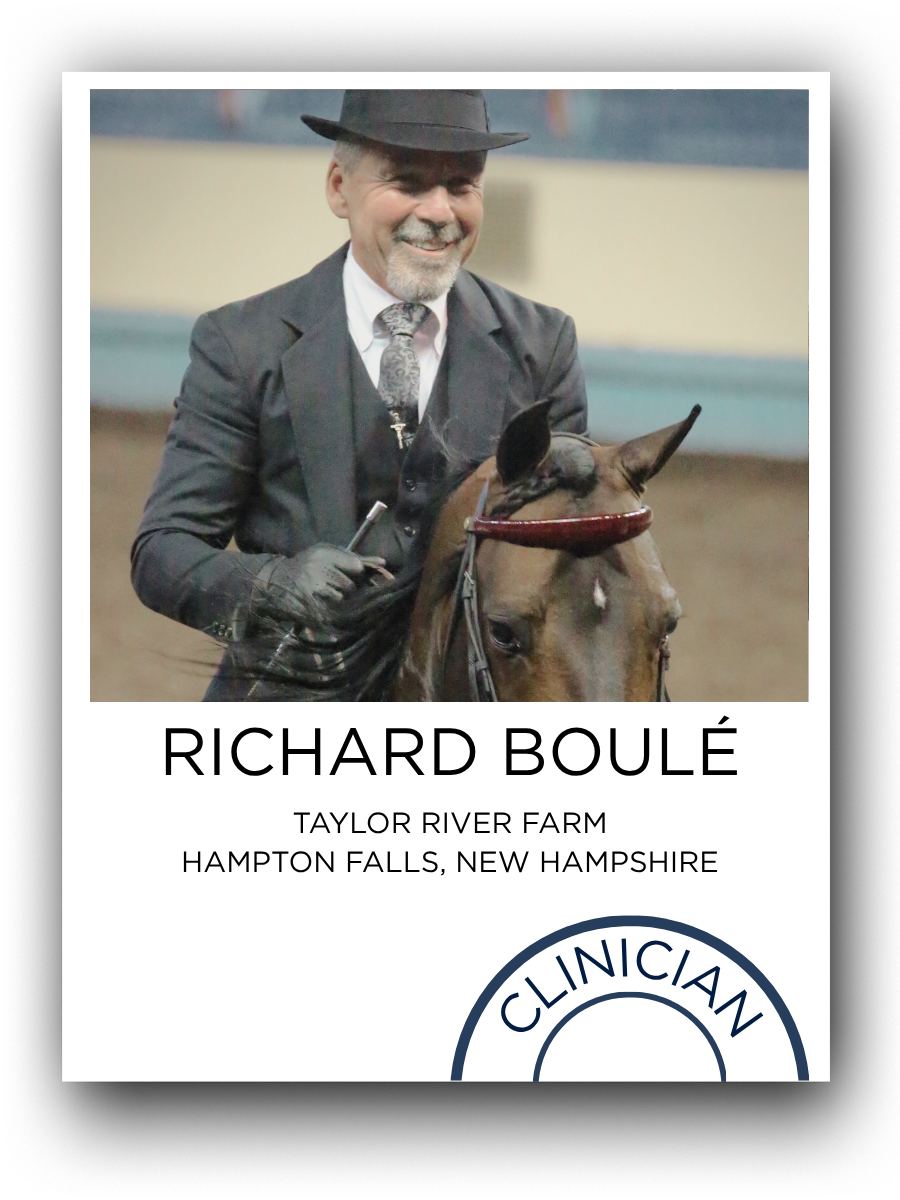 A man smiling while riding a horse in an indoor arena. He is wearing a black hat, glasses, a suit, and gloves, holding the reins. The horse has a red halter. The image appears on a plaque or certificate with the text 'Richard Boulé, Taylor River Farm, Hampton Falls, New Hampshire' and a partial logo that reads 'Clinician'.
