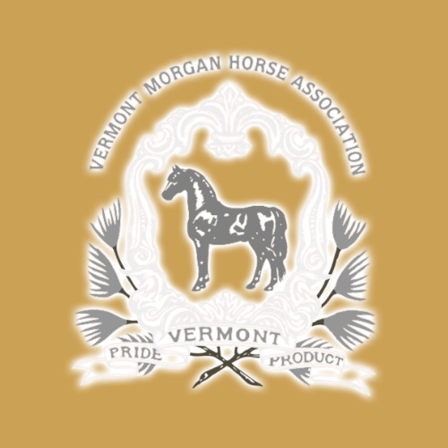 Logo of the Vermont Morgan Horse Association featuring a black horse silhouette in the center, surrounded by decorative elements, with the words "Vermont Morgan Horse Association" and "Vermont Pride Product."