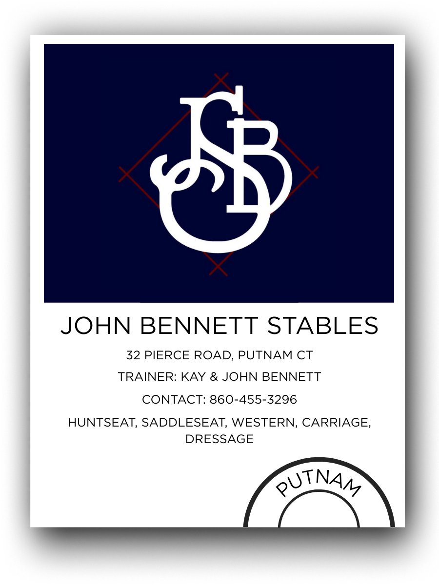 Business card for John Bennett Stables, featuring a navy blue background with a white logo of intertwined letters and red geometric lines. Contact info includes address in Putnam, CT, trainer names, phone number, and list of services like hunt seat, saddle seat, western, carriage, and dressage.
