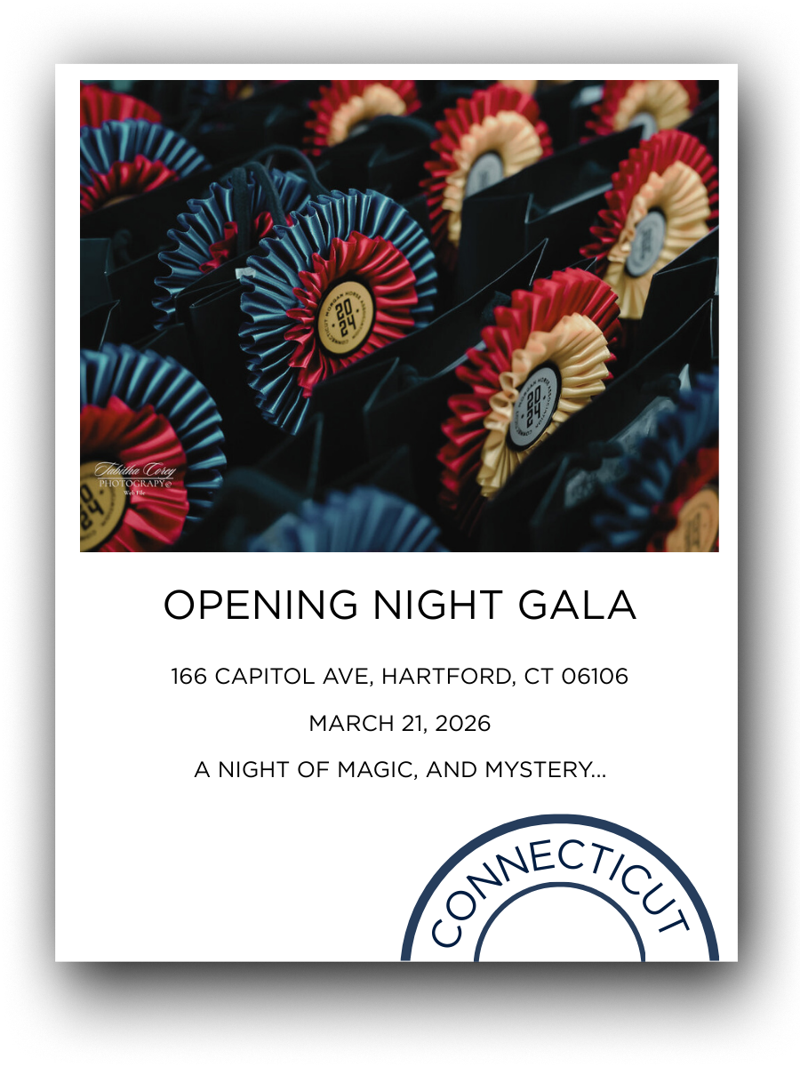 Event flyer for an Opening Night Gala featuring ribbons, with event details including date, time, location, and theme.