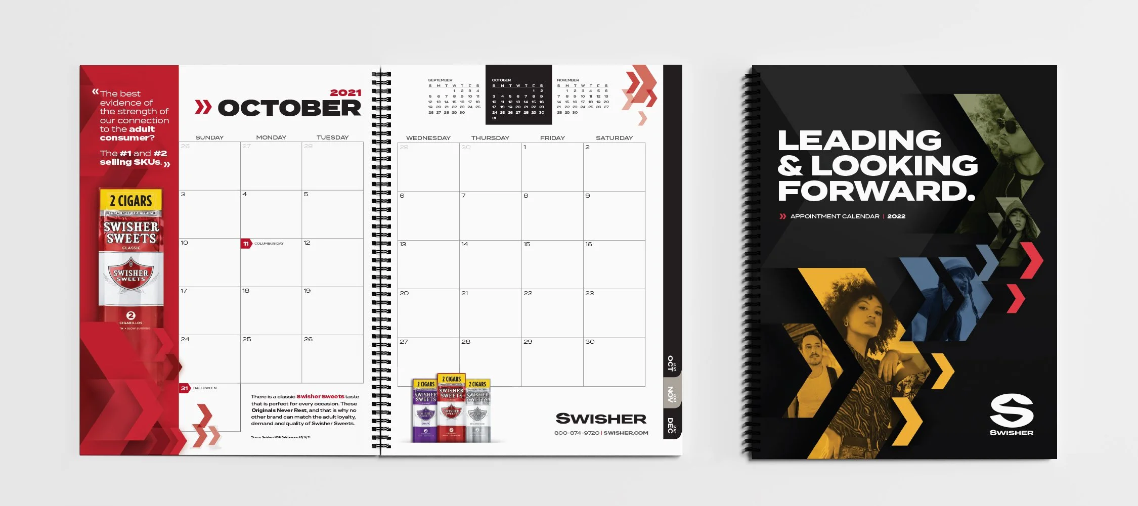 An example of a spread of the calendar, featuring Swisher Sweets.