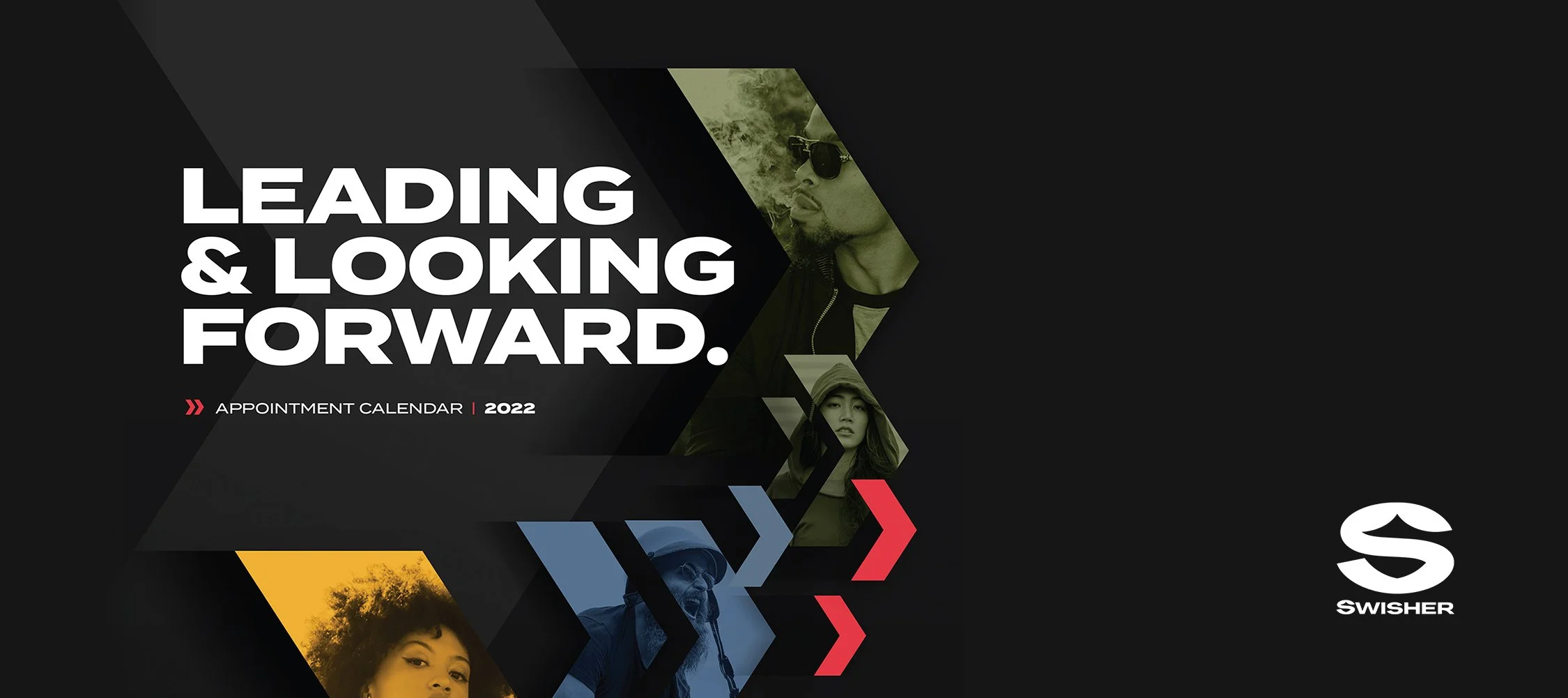 Cropped image of the cover of the Swisher appointment calendar with the headline Leading & Looking Forward, and various colored arrows containing people's faces.