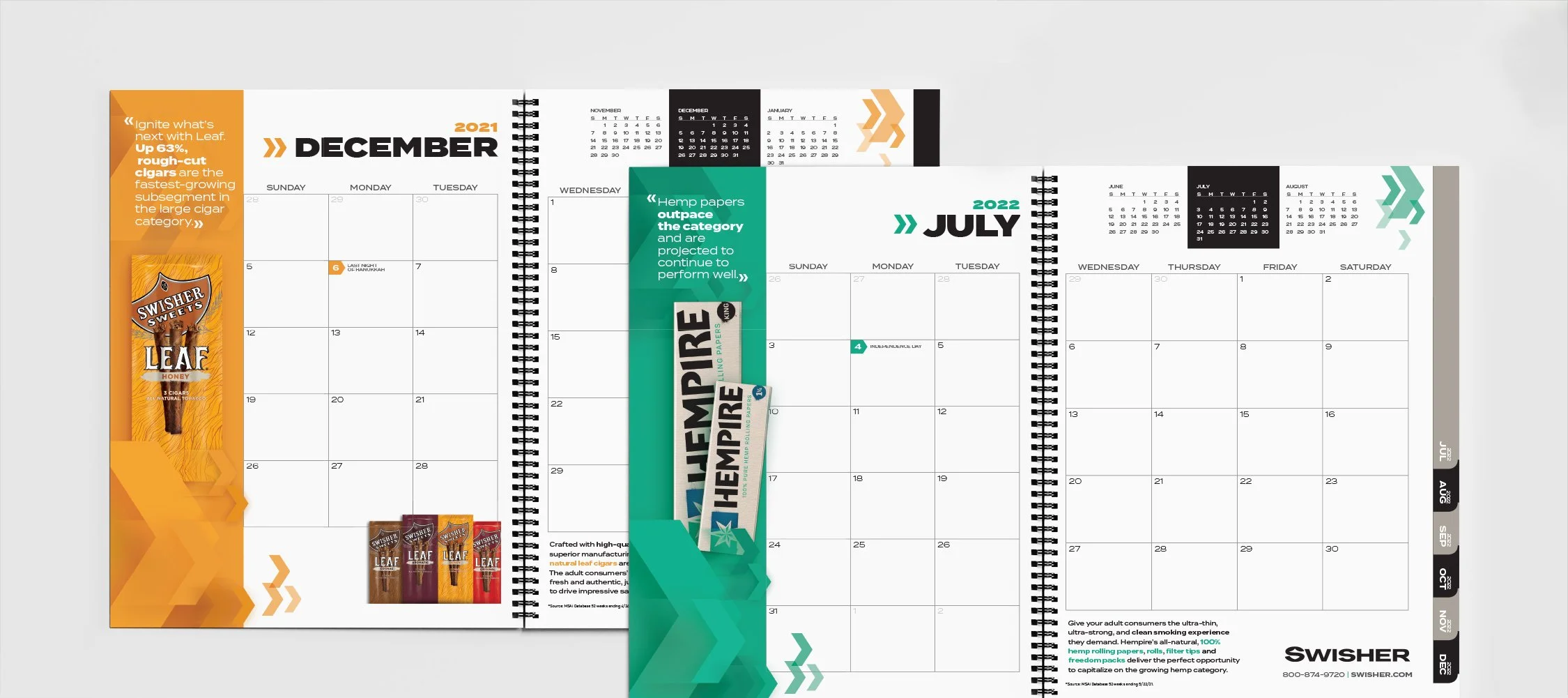 More spread examples from the calendar, featuring Leaf and Hempire products