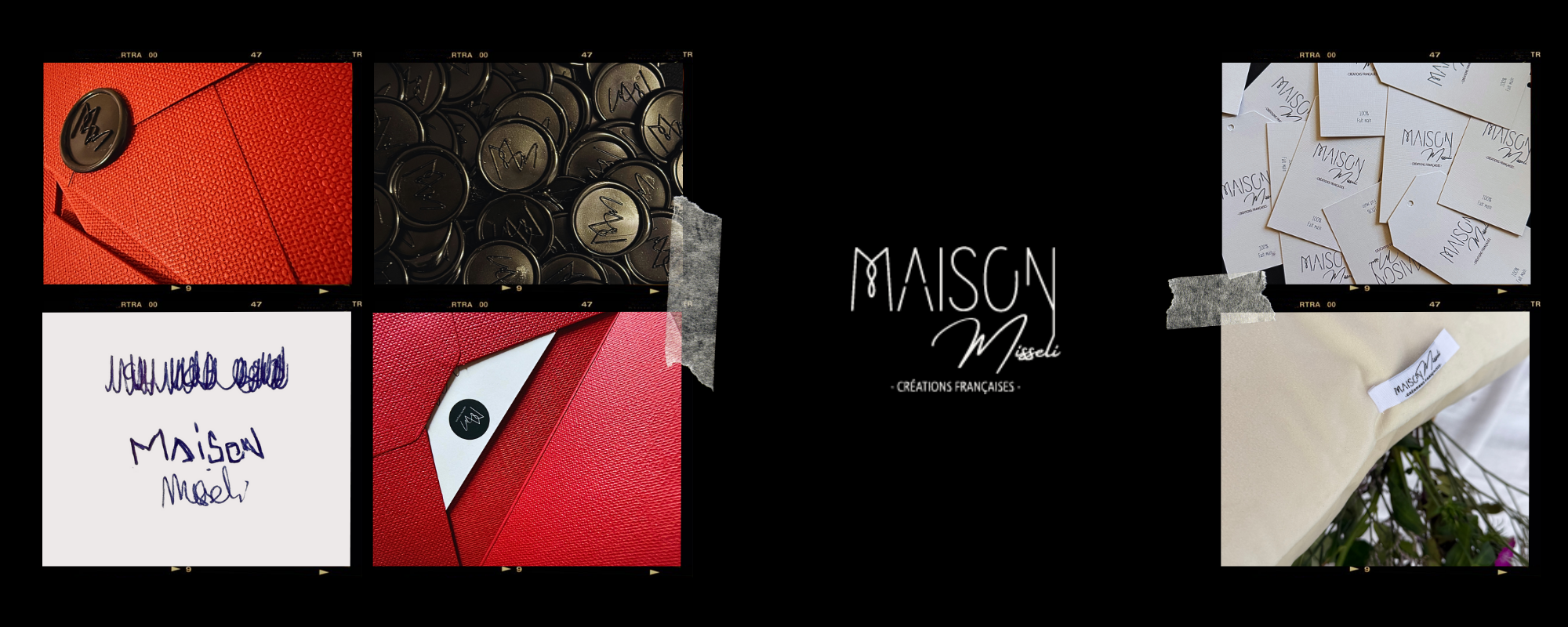 Collage de photos montrant des produits de la marque Maison Misseli, dont des sacs, des badges, des étiquettes et du papier à emballage, avec le logo de la marque au centre.