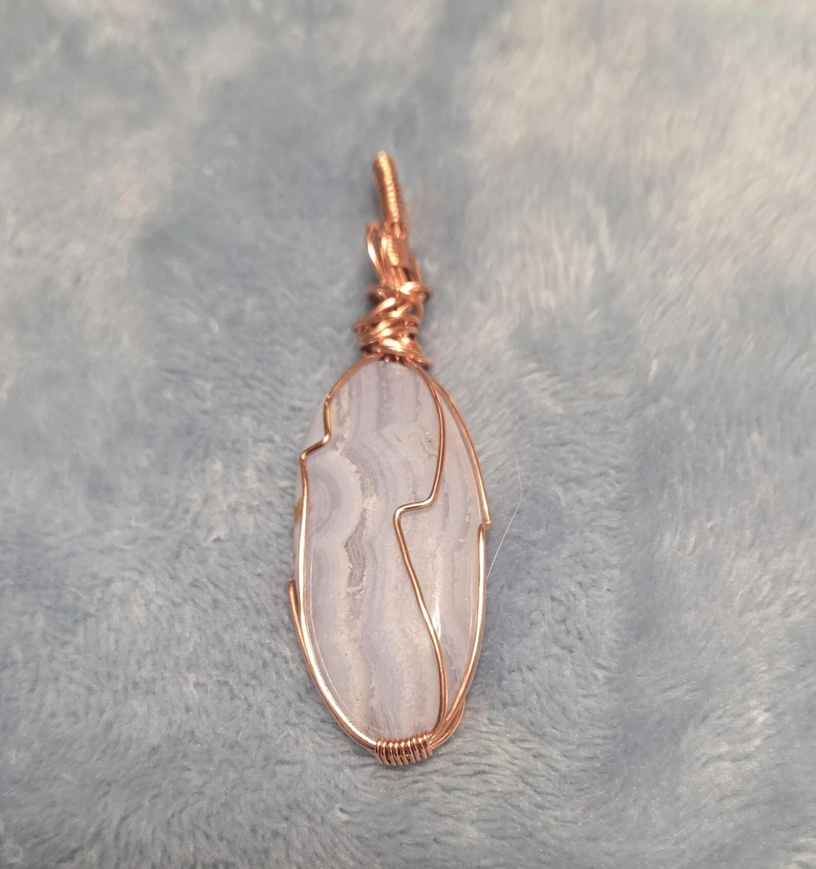 Blue Lace Agate Copper Wire Wrapped Pendant – Handmade Banded Agate Necklace – Artisan Gemstone Jewelry