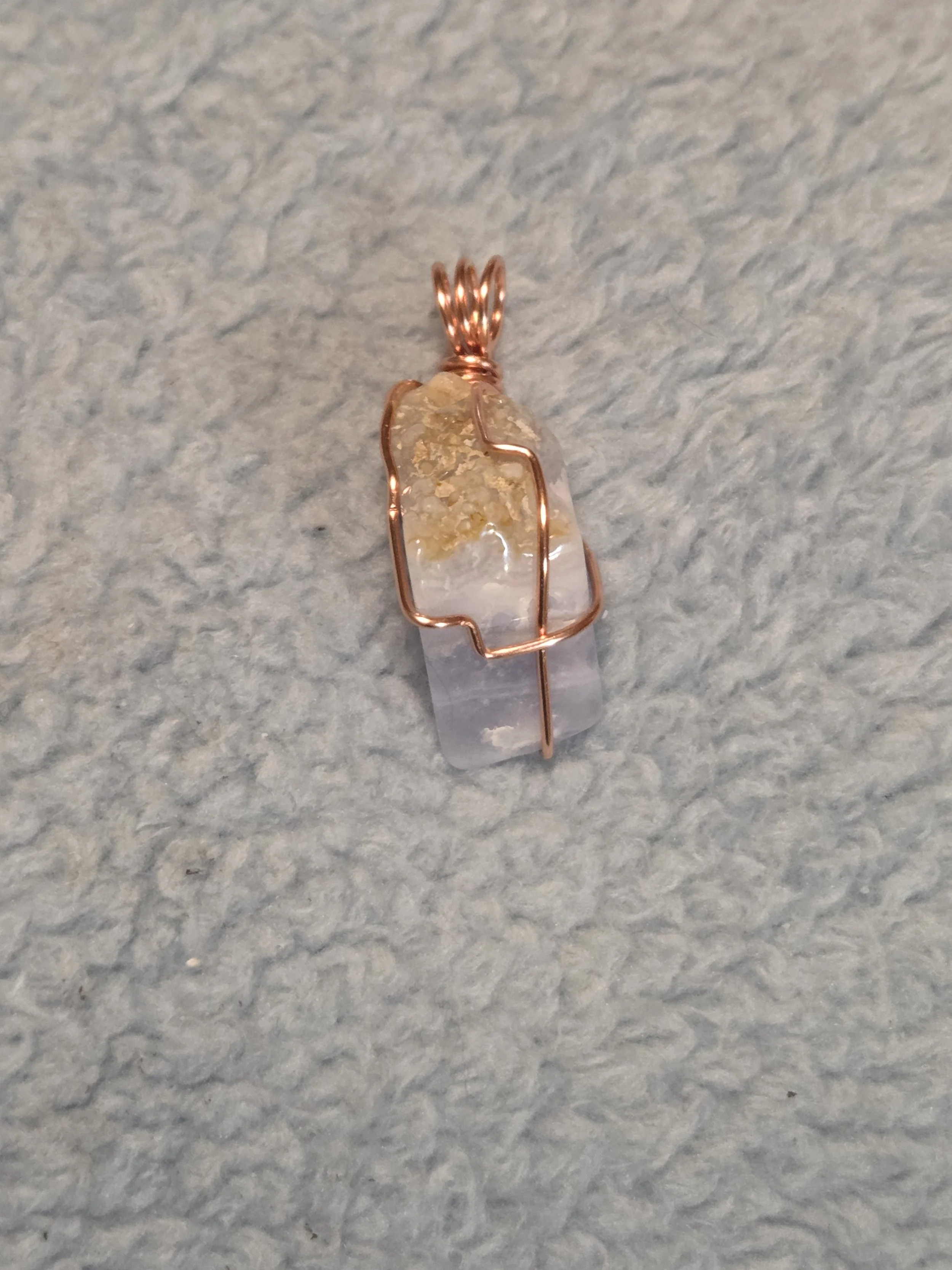 Blue Lace Agate Tumble Pendant DEW Flare | Hand-Wrapped in Copper | Throat Chakra Calm, Communication & Gentle Expression | Divine Exchange Within
