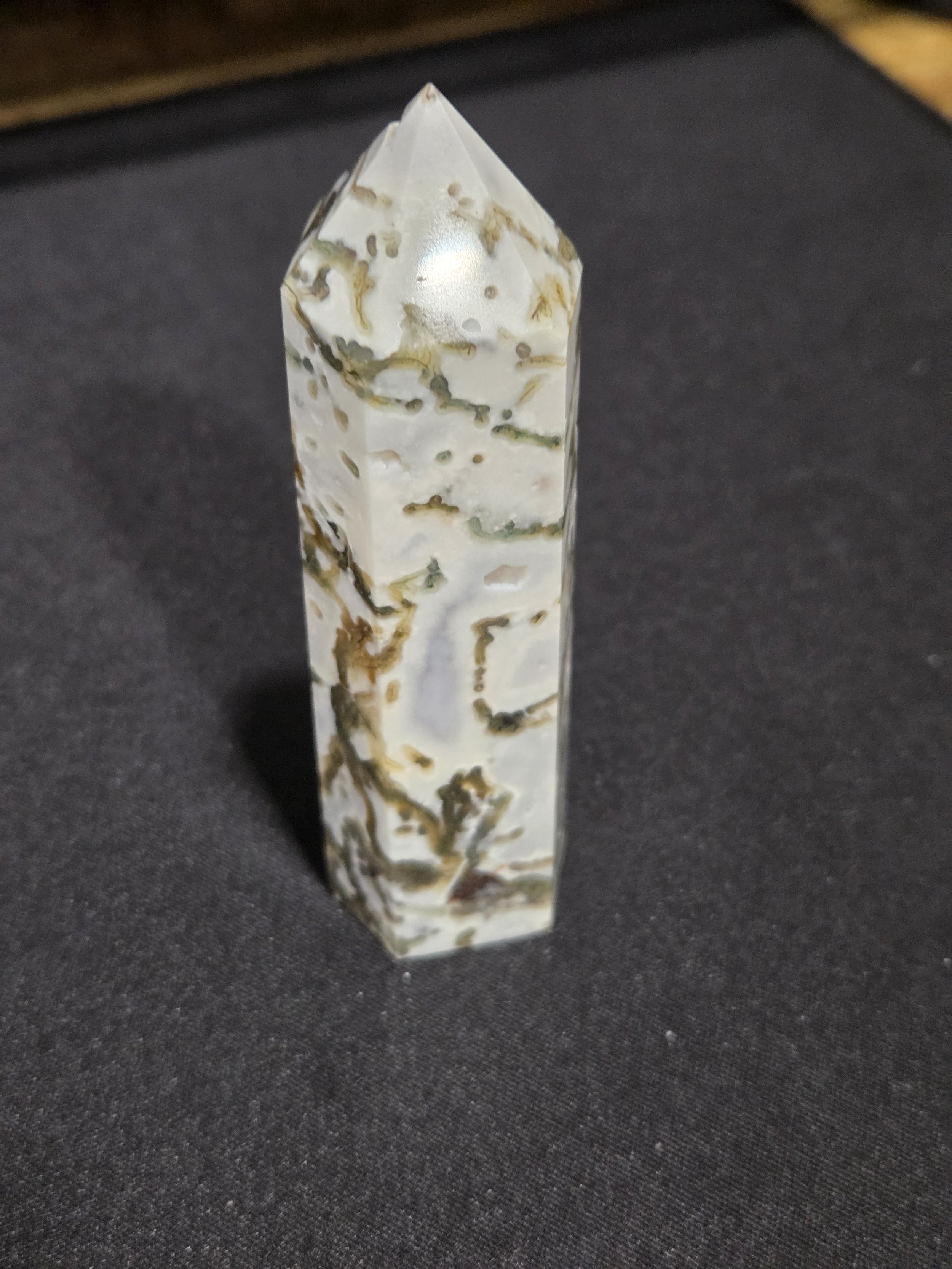 Moss Agate Tower DEW Flare | Hand-Polished Natural Gemstone | Heart & Root Chakra Harmony, Nurturing Growth, Emotional Stability & Grounded Abundance | Divine Exchange Within