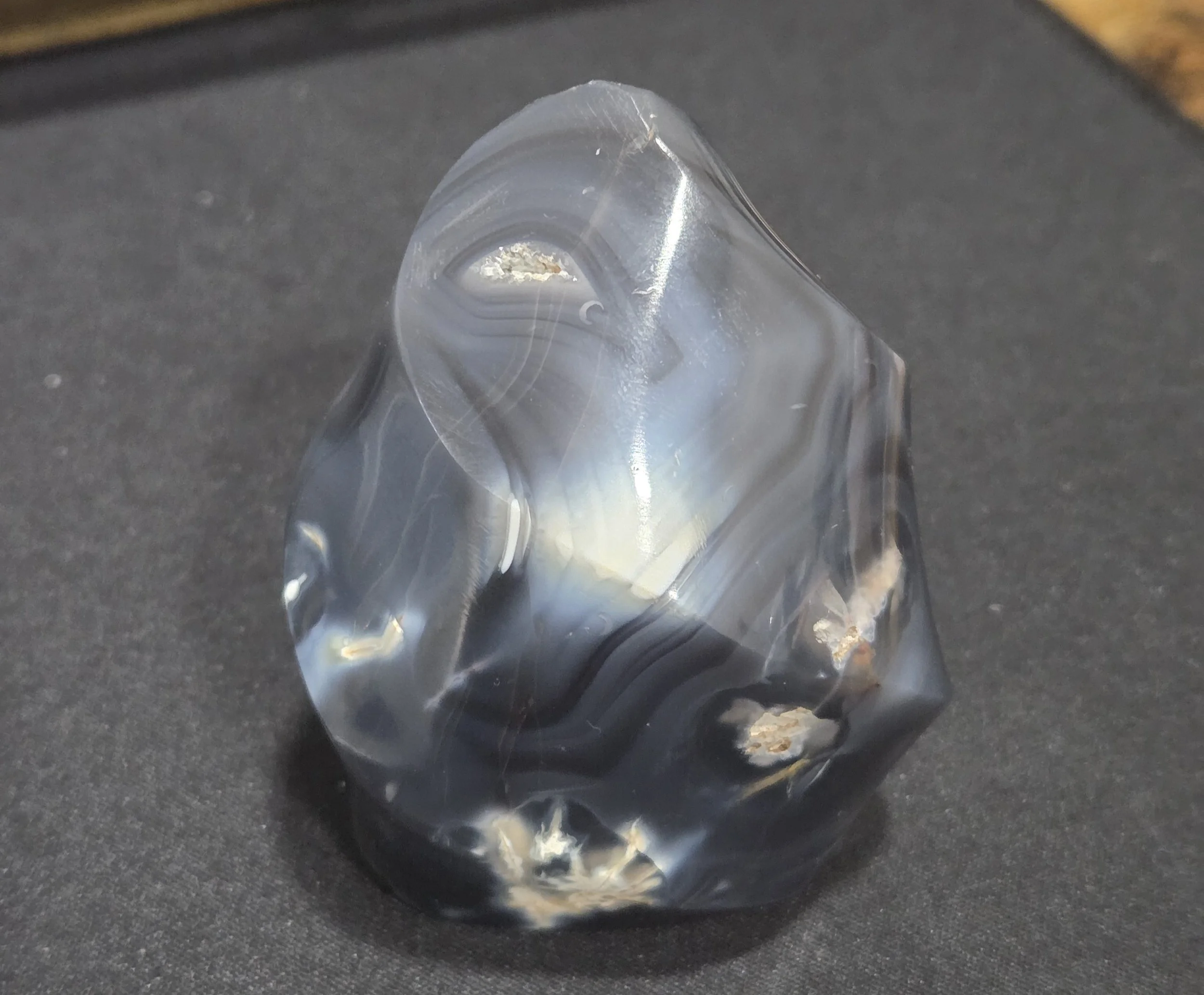 Orca Agate Flame Carving DEW Flare | Hand-Carved Natural Gemstone | Crown, Third Eye & Root Chakra Harmony, Deep Calm, Inner Vision & Grounded Protection | Divine Exchange Within