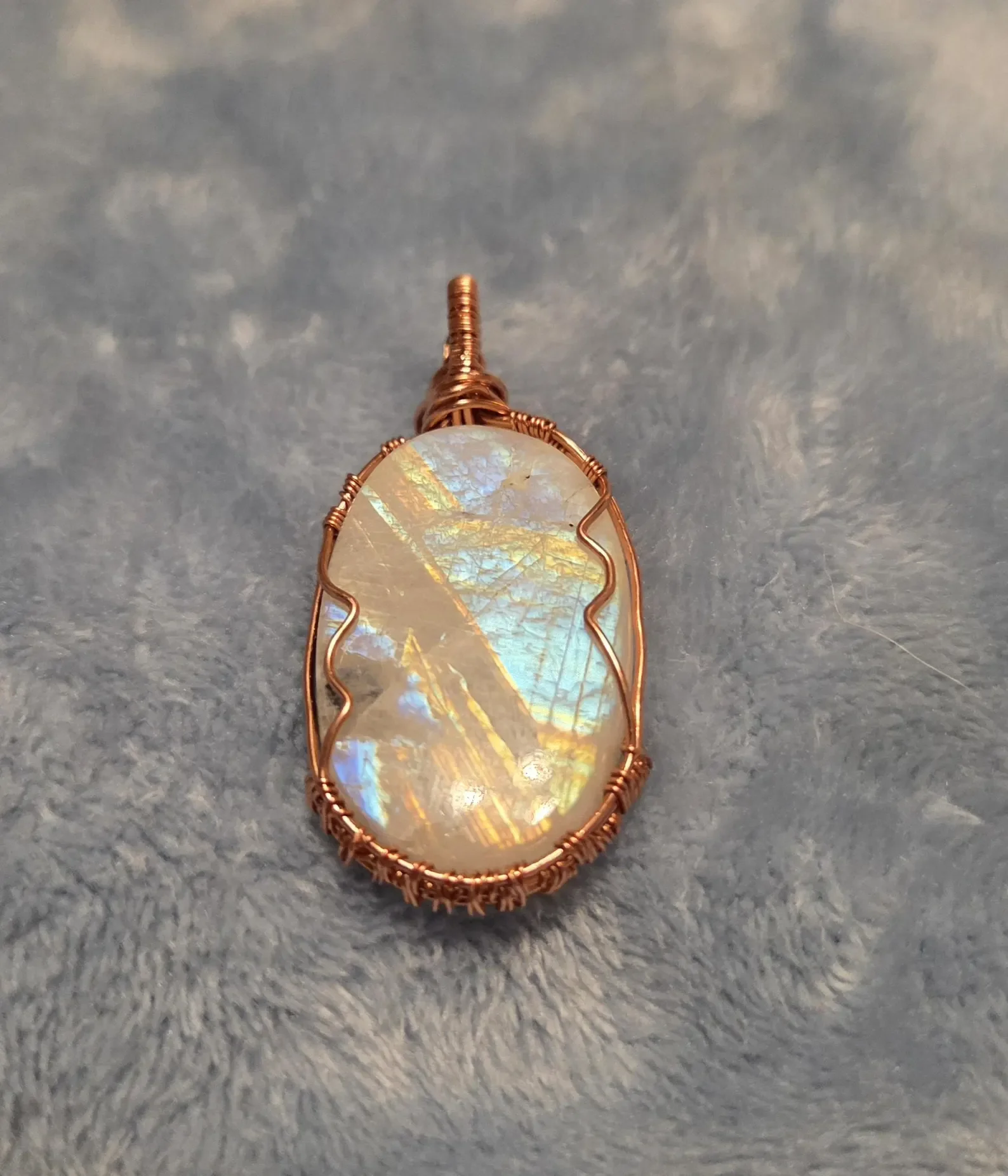 Rainbow Moonstone Copper Wire Wrapped Pendant – Flash Moonstone Necklace – Handmade Artisan Gemstone Jewelry