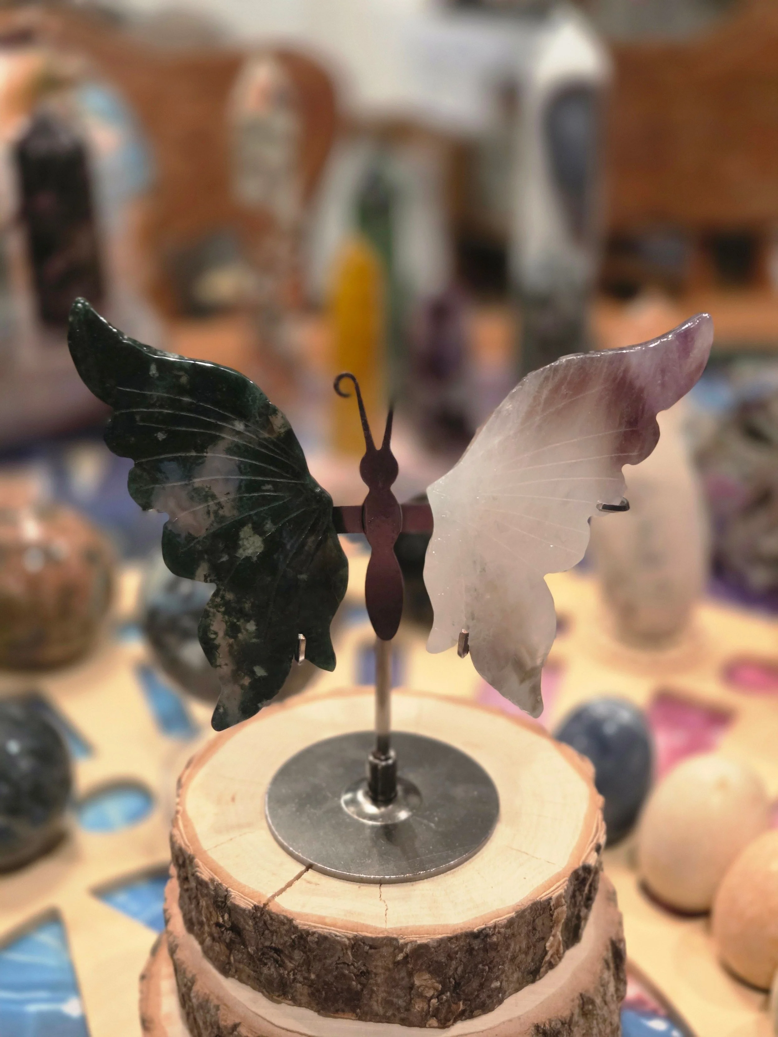 Moss Agate & Amethyst Crystal Butterfly Wings – Carved Stone Butterfly Display on Metal Stand – Transformation Crystal Decor