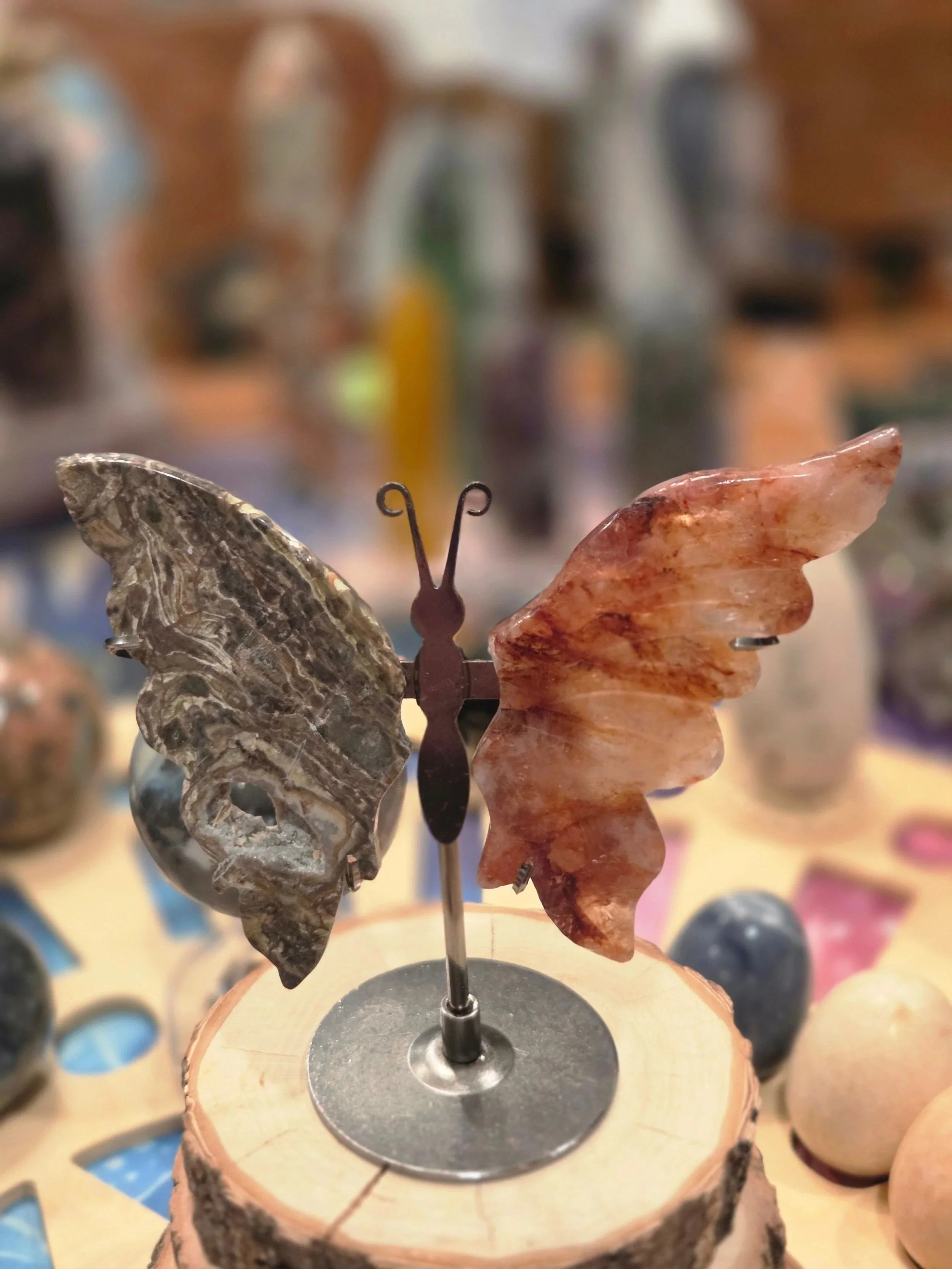 Money Agate & Fire Quartz Butterfly Wings – Paired Crystal Sculpture "Abundance Ignited: Money Agate & Fire Quartz Butterfly Wings"