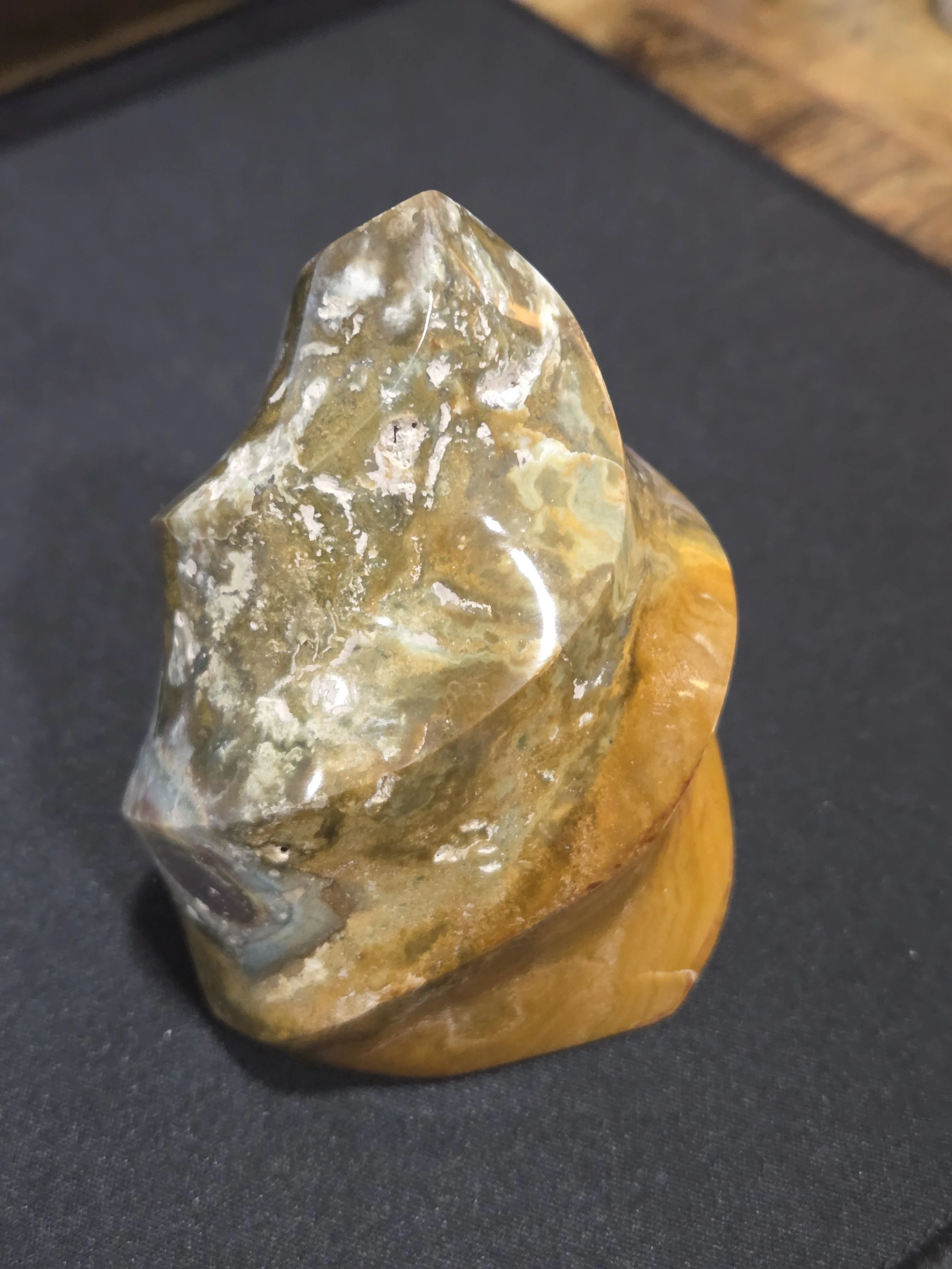 Ocean Jasper Flame Carving DEW Flare | Hand-Carved Natural Gemstone | Heart, Solar Plexus & Root Chakra Activation, Joy, Nurturing Flow & Abundant Vitality | Divine Exchange Within