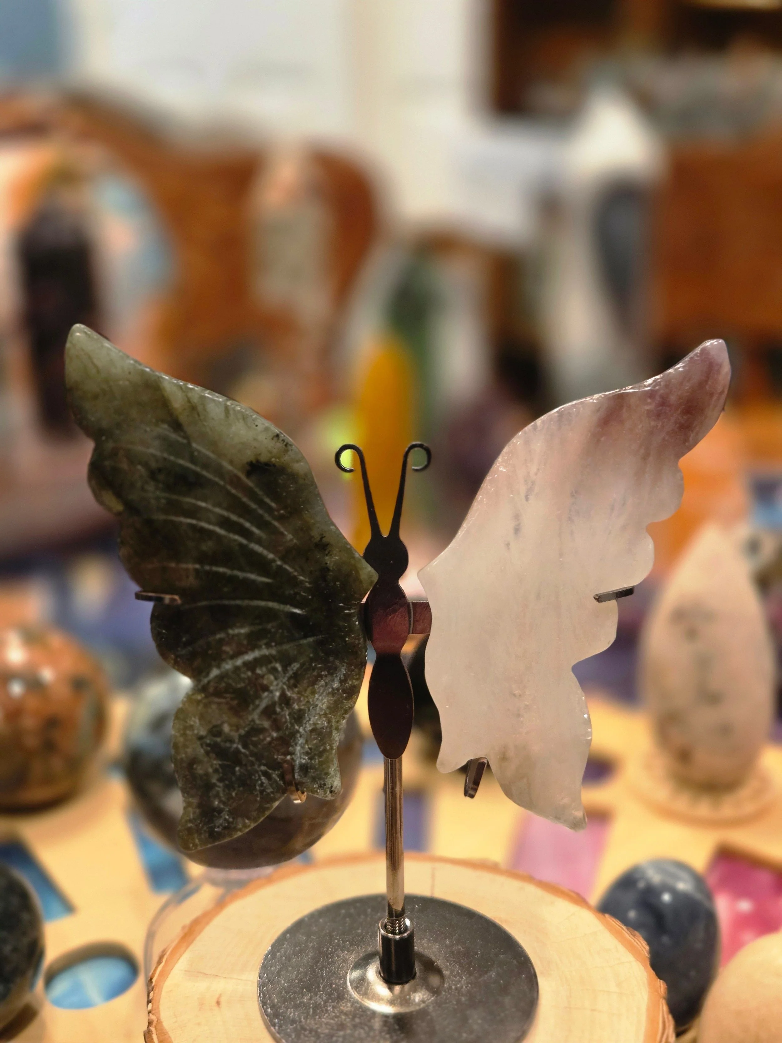 Labradorite & Amethyst Crystal Butterfly Wings – Carved Stone Butterfly Display on Metal Stand – Transformation Crystal Decor