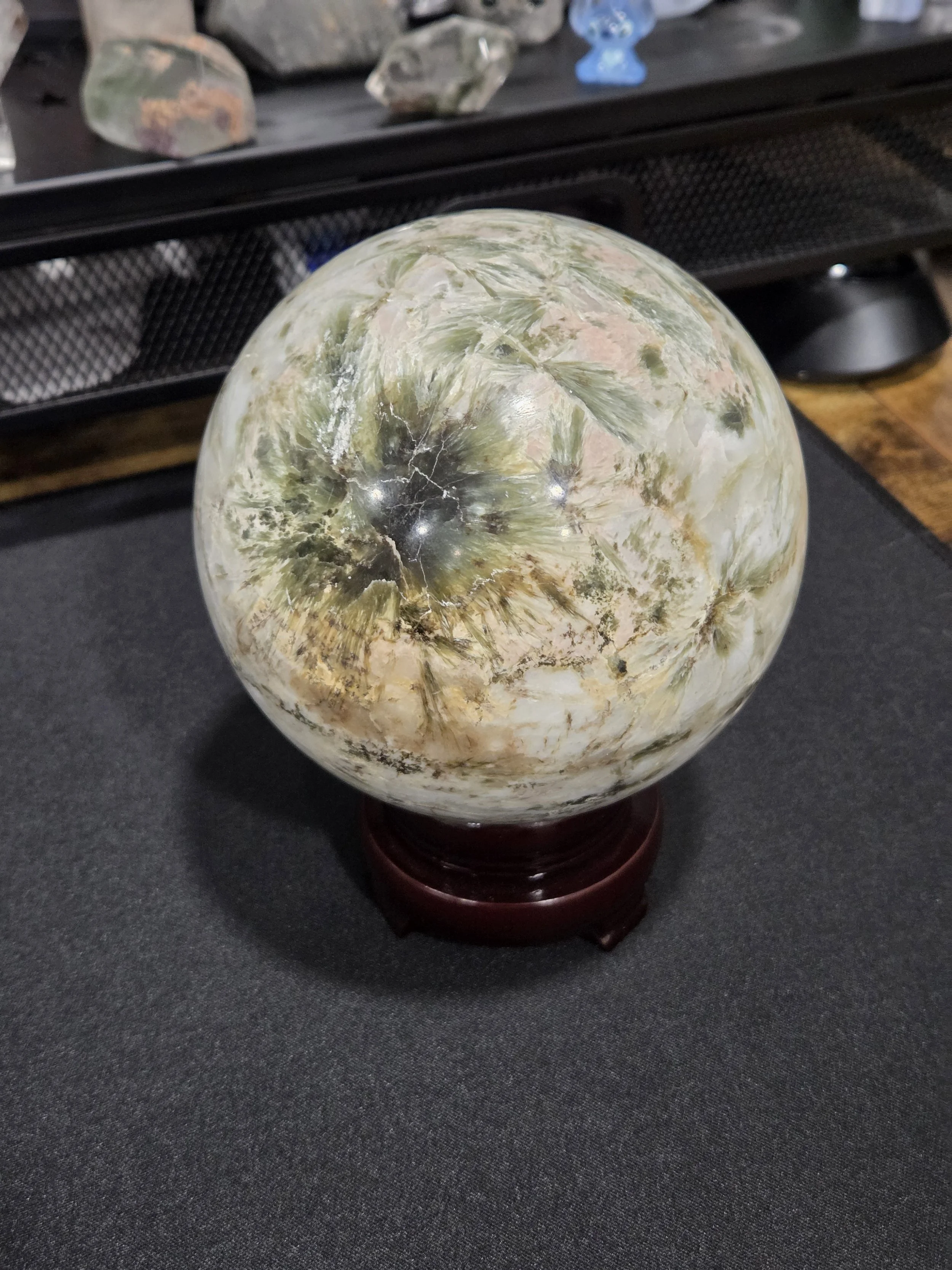 Prehnite with Epidote (Fibrous) in Feldspar/Quartz Host DEW Flare Sphere | Polished Crystal Ball | Heart Chakra Healing, Prophetic Dreams & Visionary Insight | Divine Exchange Within