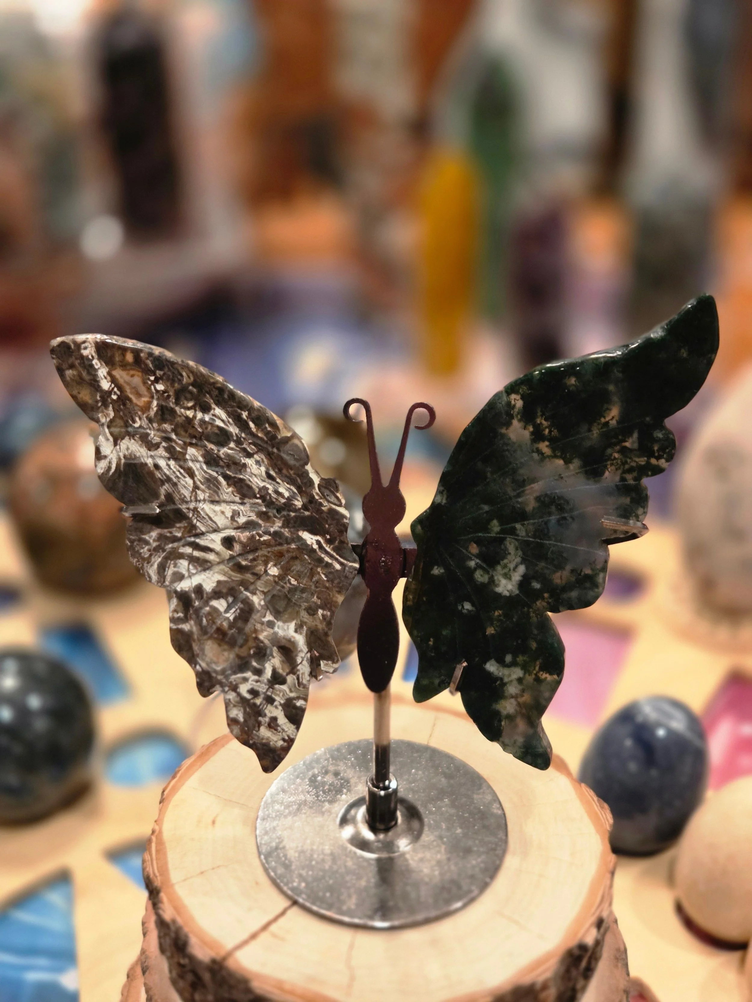 Money Agate & Moss Agate Crystal Butterfly Wings – Carved Stone Butterfly Display on Metal Stand – Transformation Crystal Decor