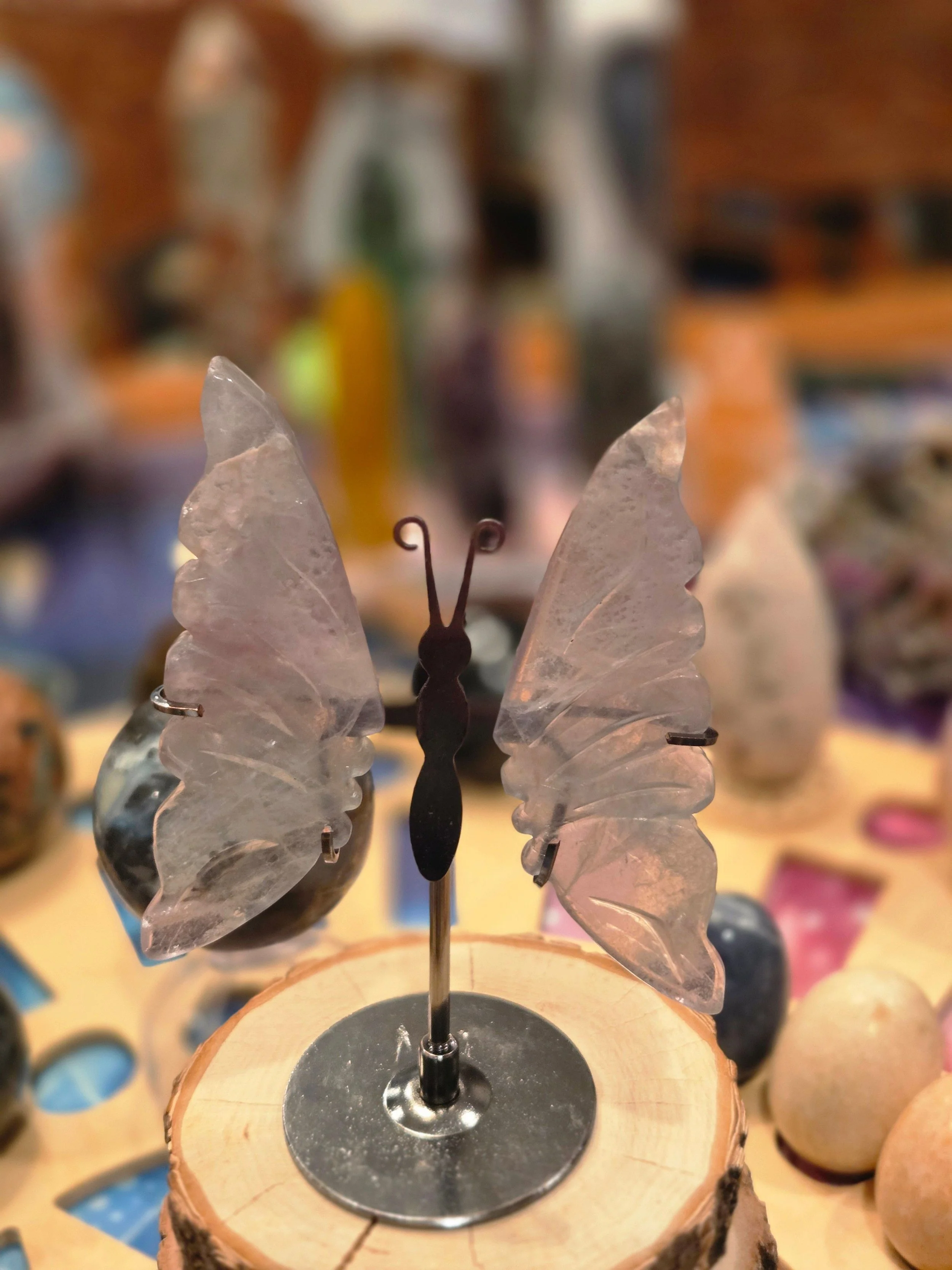Fluorite Crystal Butterfly Wings Display – Carved Fluorite Wings on Metal Stand – Transformation Crystal Decor
